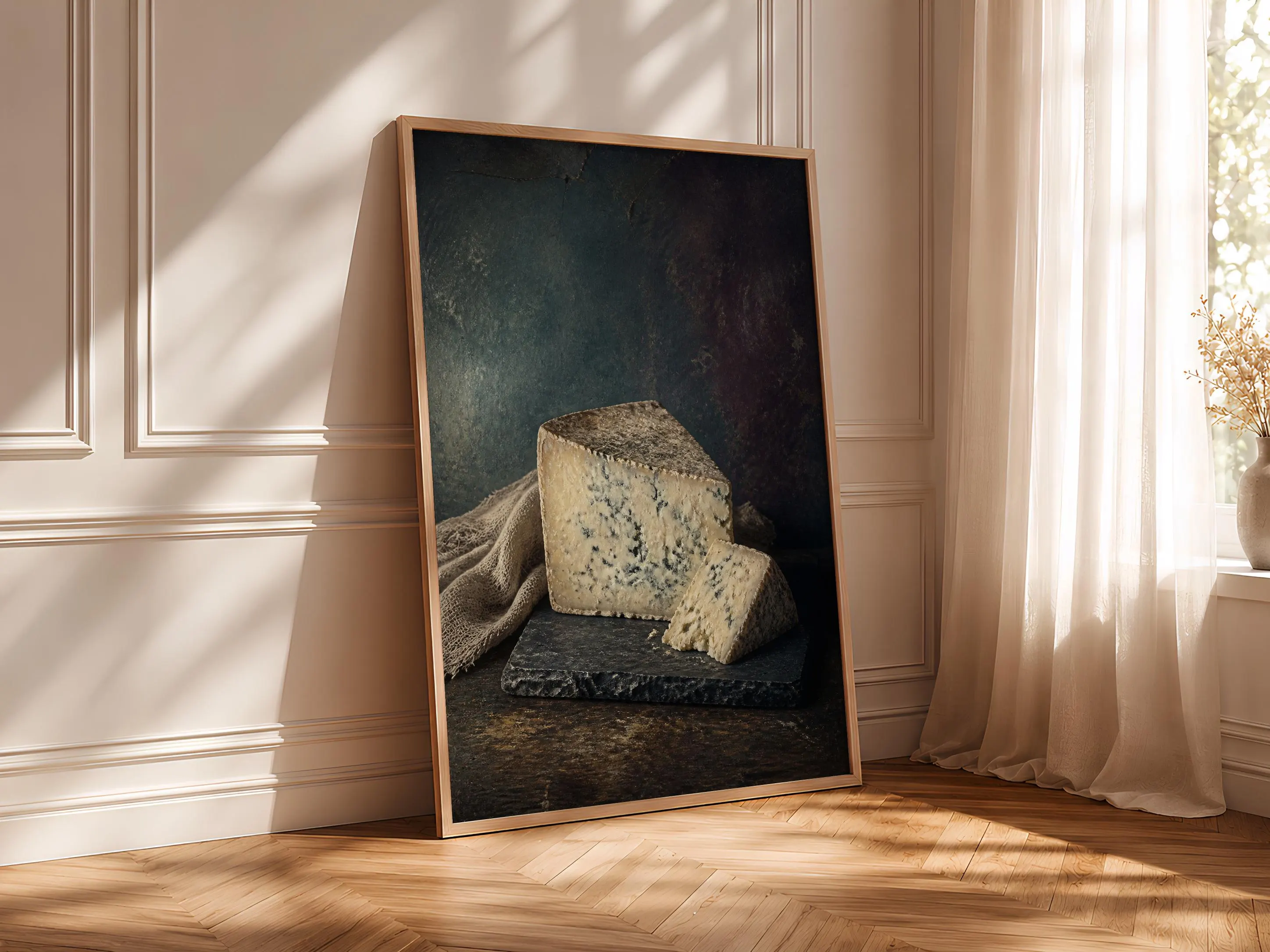 Blue Cheese Wall Art, Rustic Cellar Still Life, Moody Dark Kitchen Print – Calm Wall Art by Artsify thumbnail 4