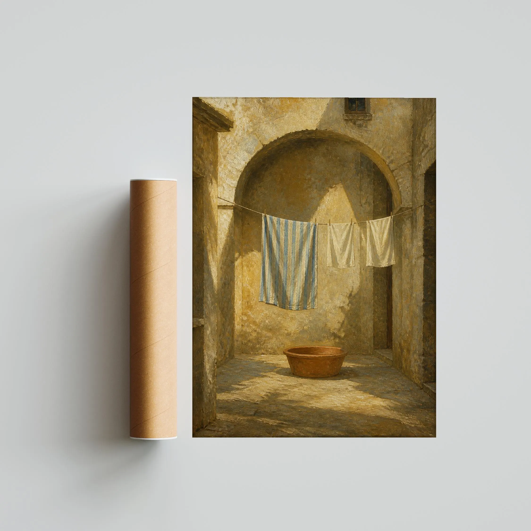 Mediterranean Laundry Wall Art, Indigo Linen Courtyard Oil Painting, Rustic European Print – Calm Wall Art by Artsify thumbnail 5