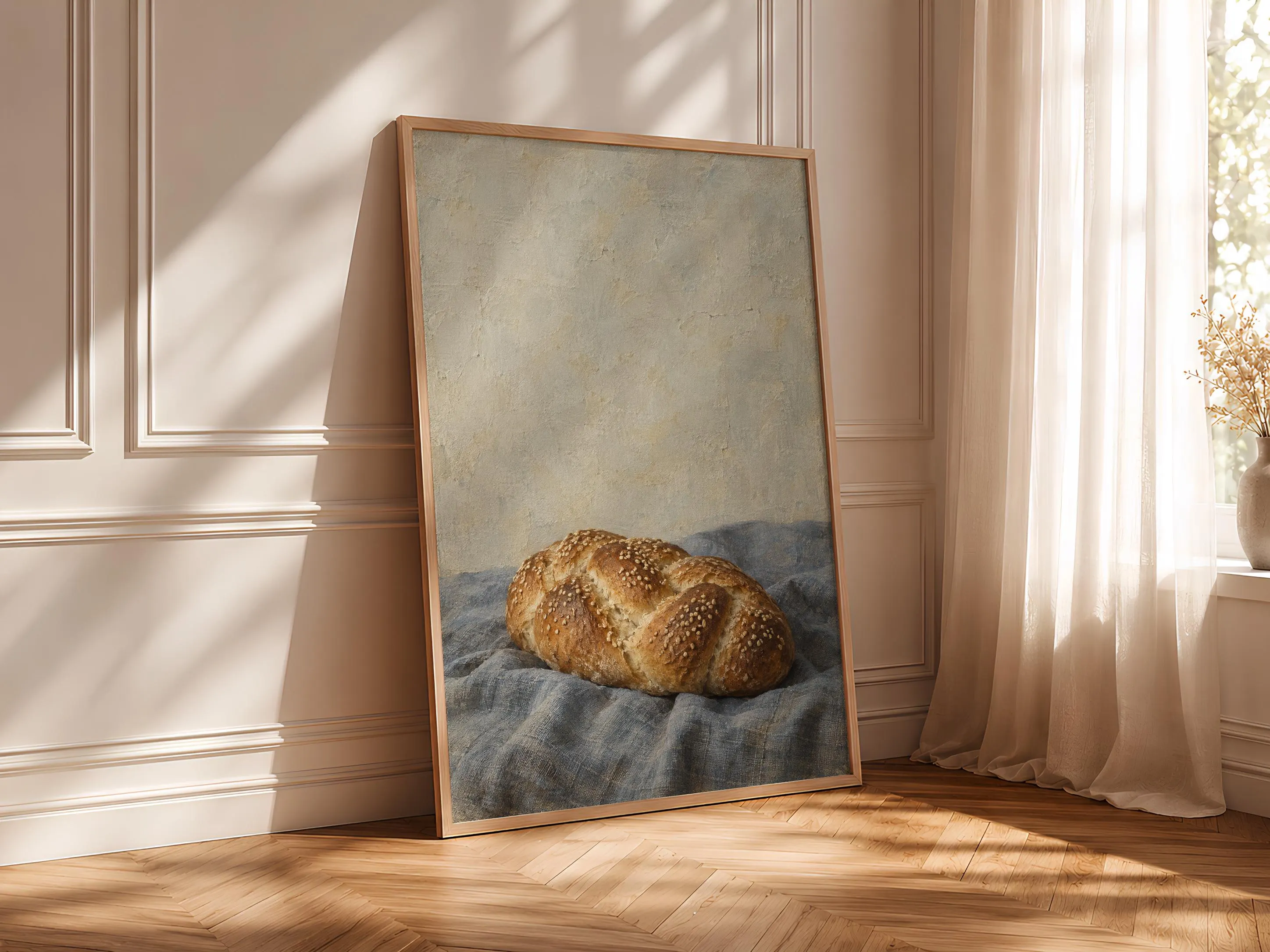 Braided Bread Wall Art, Neutral Vintage Oil Painting, Blue Grey Kitchen Decor – Calm Wall Art by Artsify thumbnail 4
