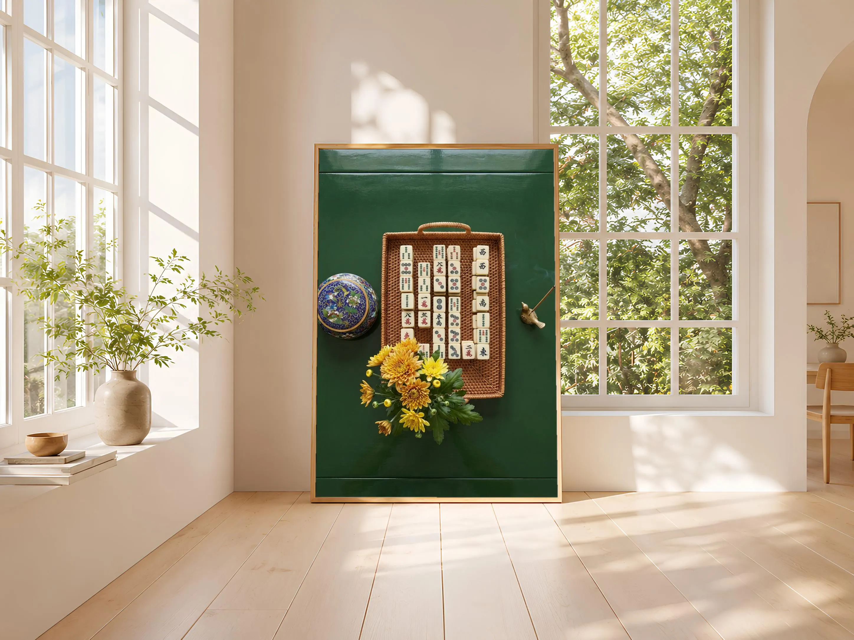 Mahjong Chrysanthemum Print, Chinoiserie Game Room Poster, Forest Green Wall Art, Housewarming Gift – Calm Wall Art by Artsify thumbnail 3