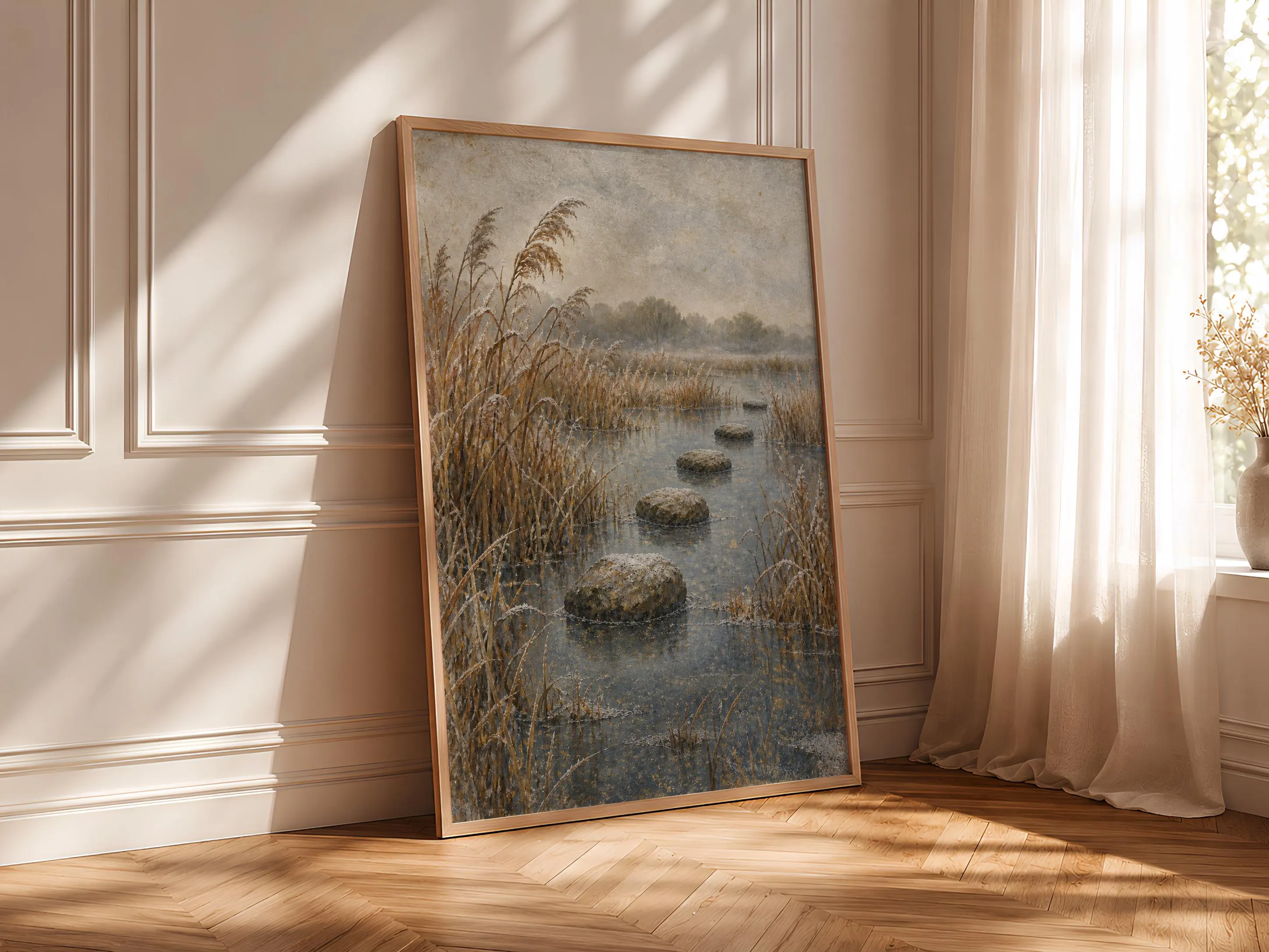 Frosted Reed Marsh Wall Art, Japanese Autumn Wetland Painting, Earth Tone Office Decor – Calm Wall Art by Artsify thumbnail 4