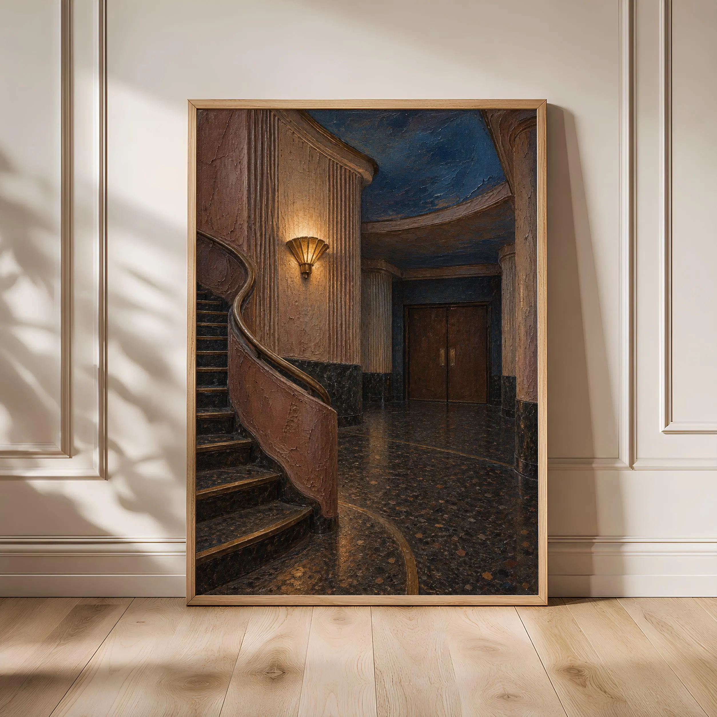 Art Deco Cinema Vestibule Wall Art, Blue Hour Oil Painting, Theater Decor – Calm Wall Art by Artsify