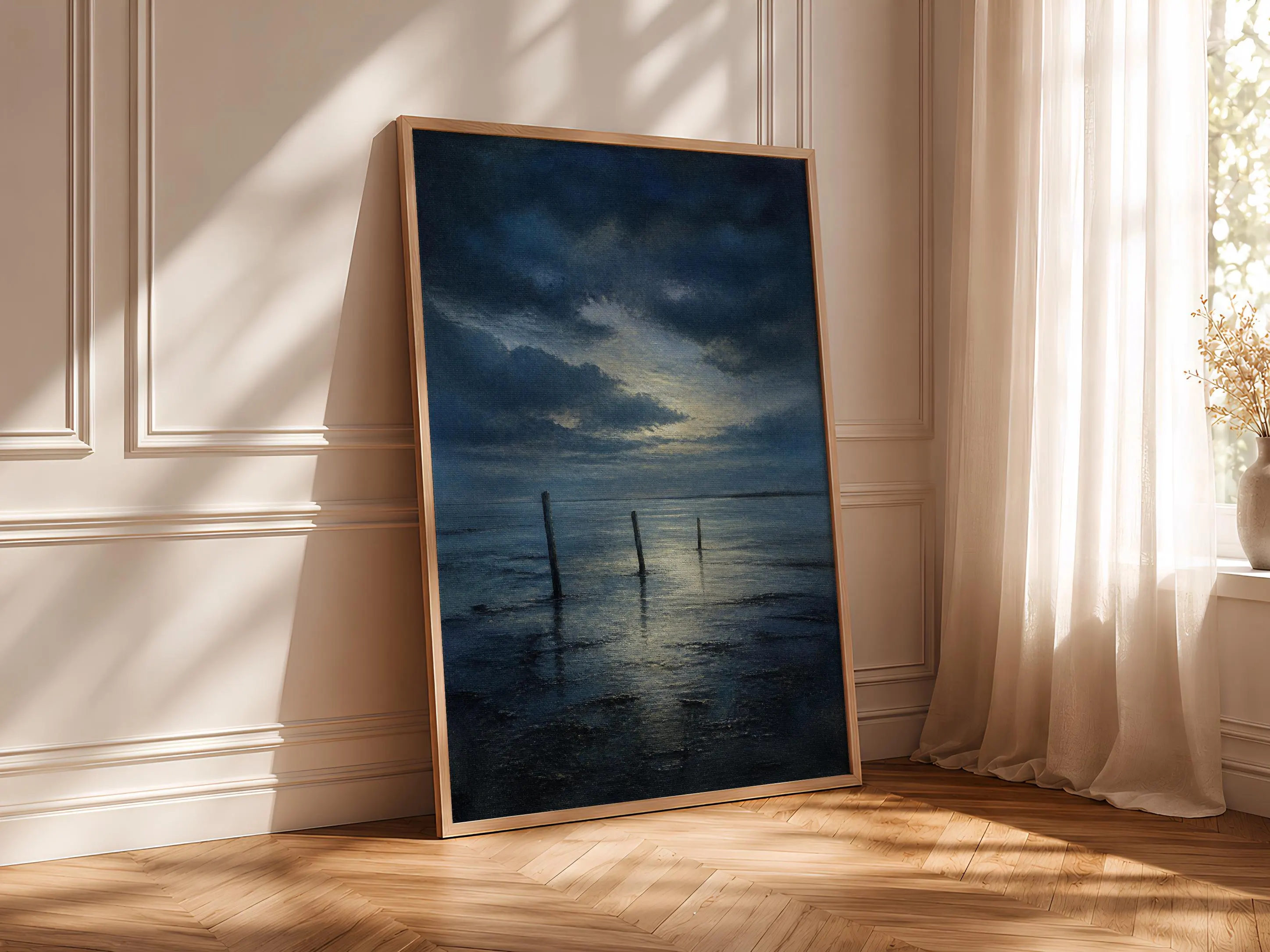 Tidal Flats Wall Art, Moody Blue Coastal Oil Painting Print – Calm Wall Art by Artsify thumbnail 4
