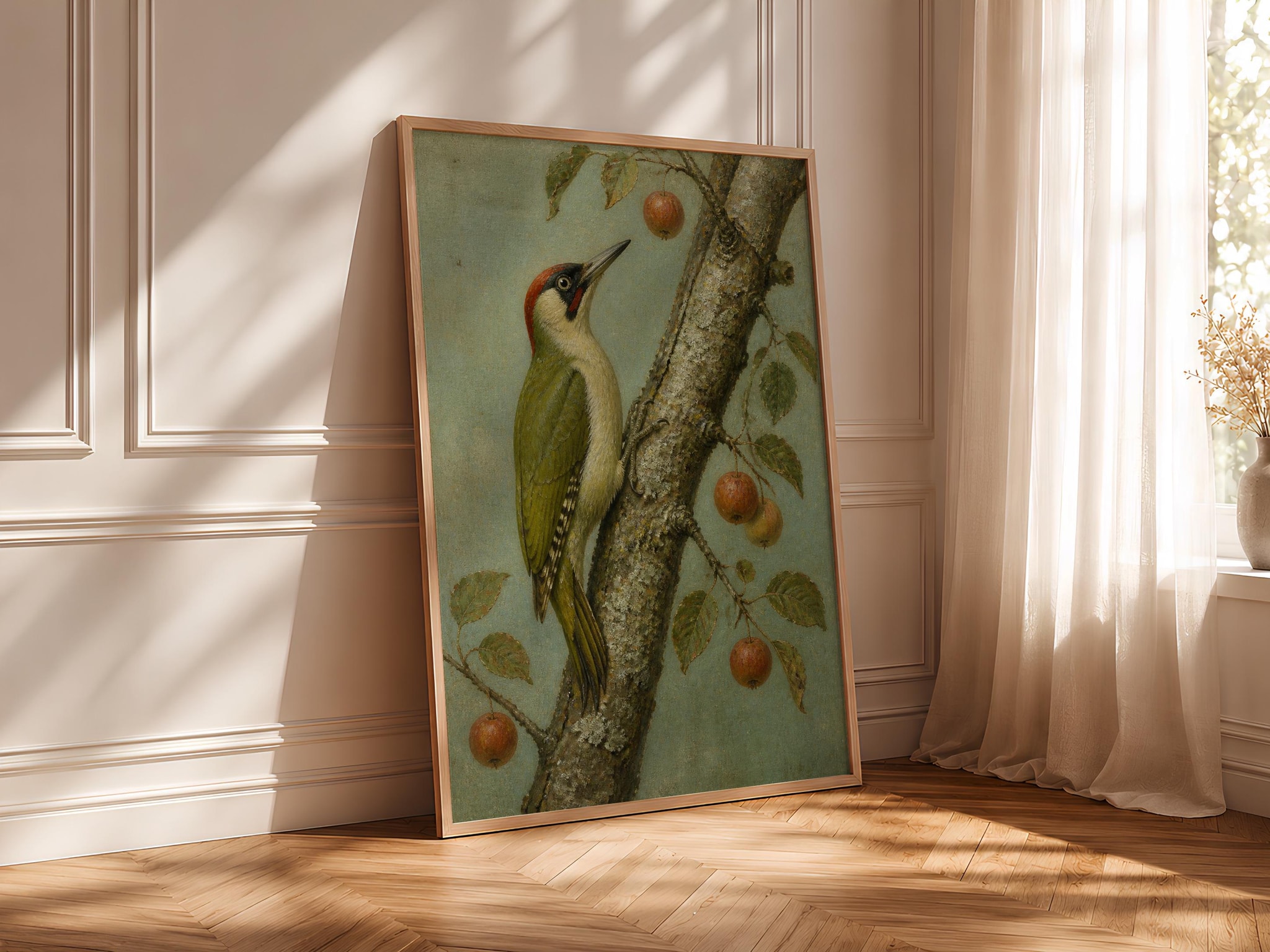 Green Woodpecker Wall Art, Arts and Crafts Bird Oil Painting, Crabapple Botanical Decor – Calm Wall Art by Artsify thumbnail 4