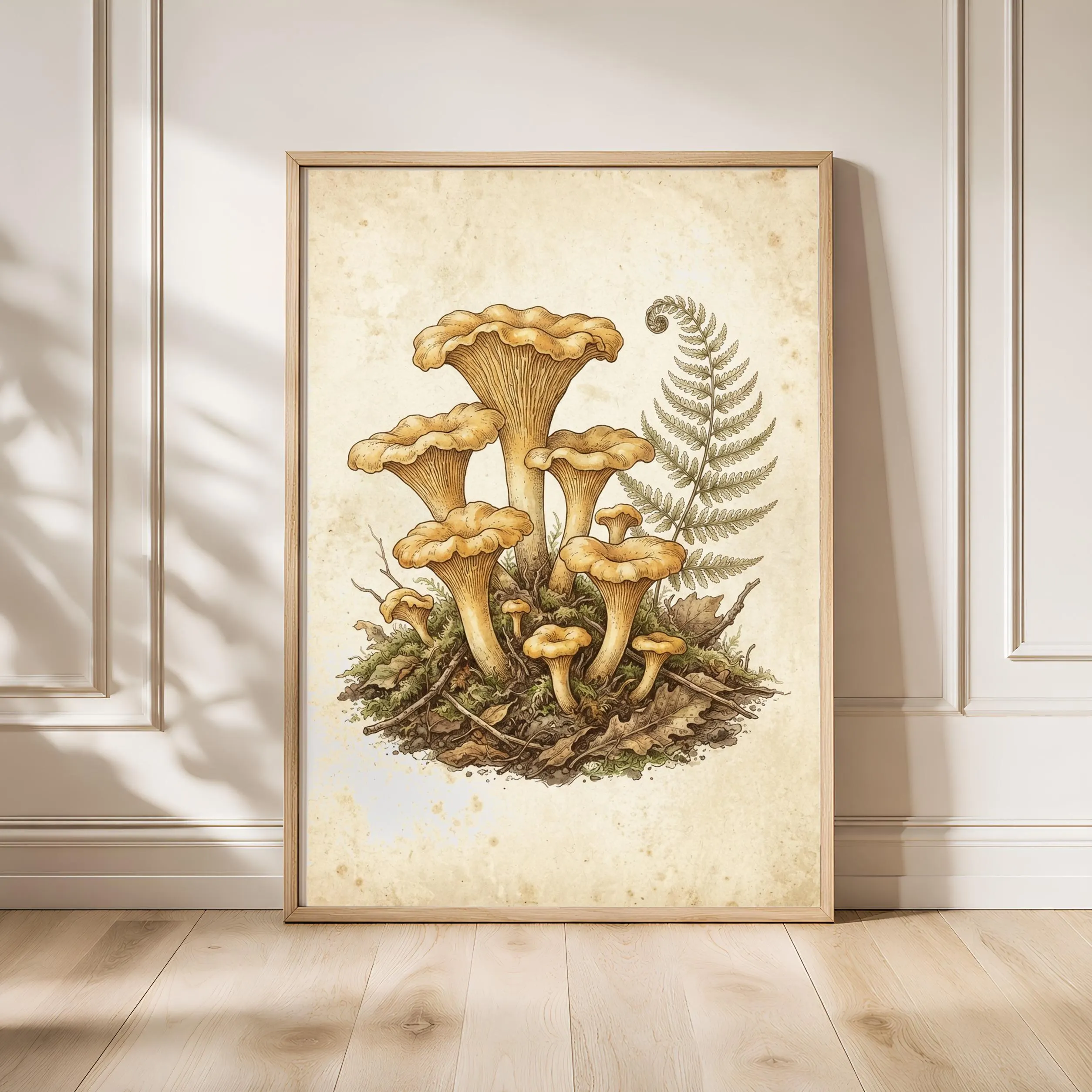 Chanterelle Mushroom Print, Vintage Botanical Poster, Gold Wall Art, Cottagecore Decor, Housewarming Gift – Calm Wall Art by Artsify