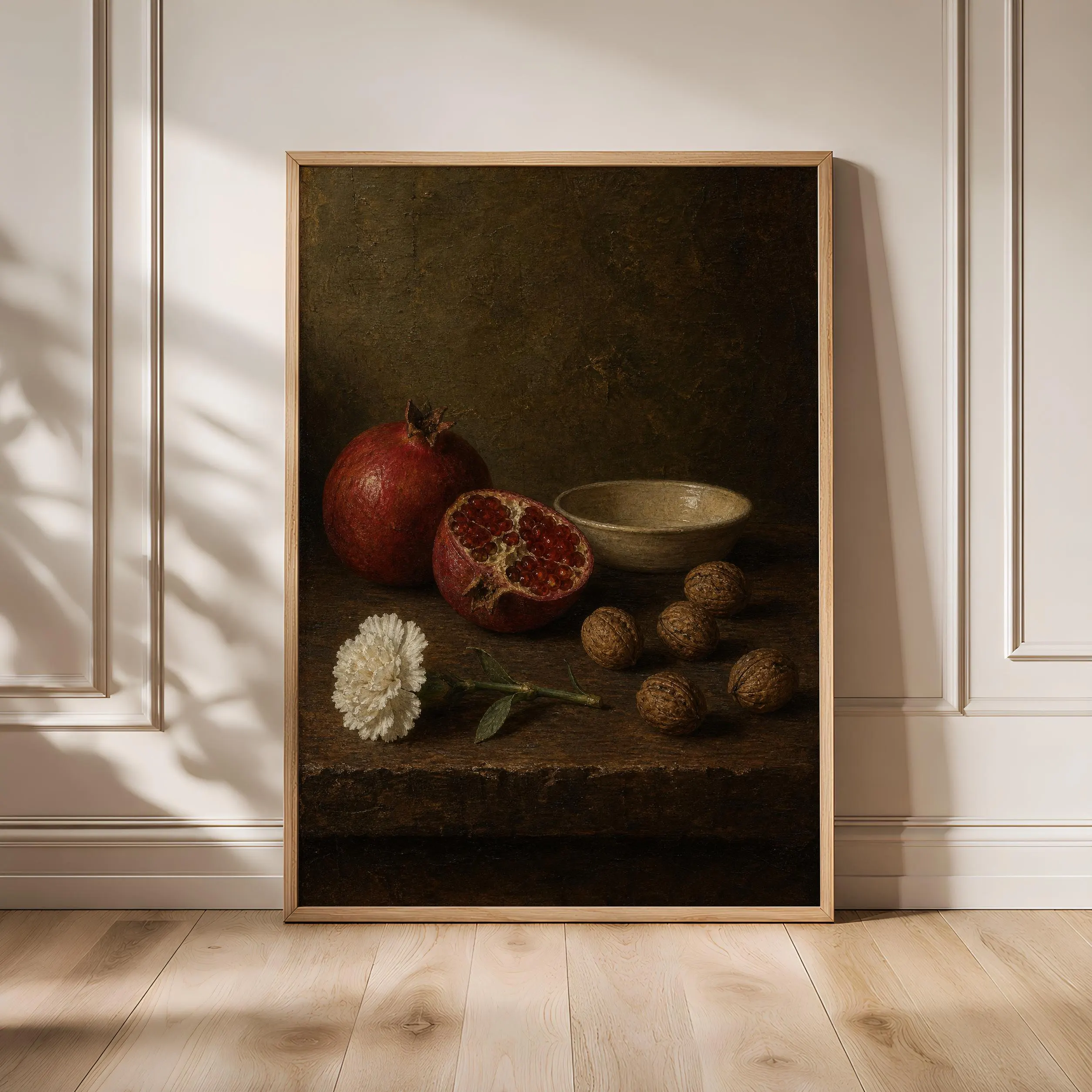 Pomegranate Still Life Print, Dark Academia Wall Art, Walnut Kitchen Poster, Moody Pantry Decor, Housewarming Gift – Calm Wall Art by Artsify