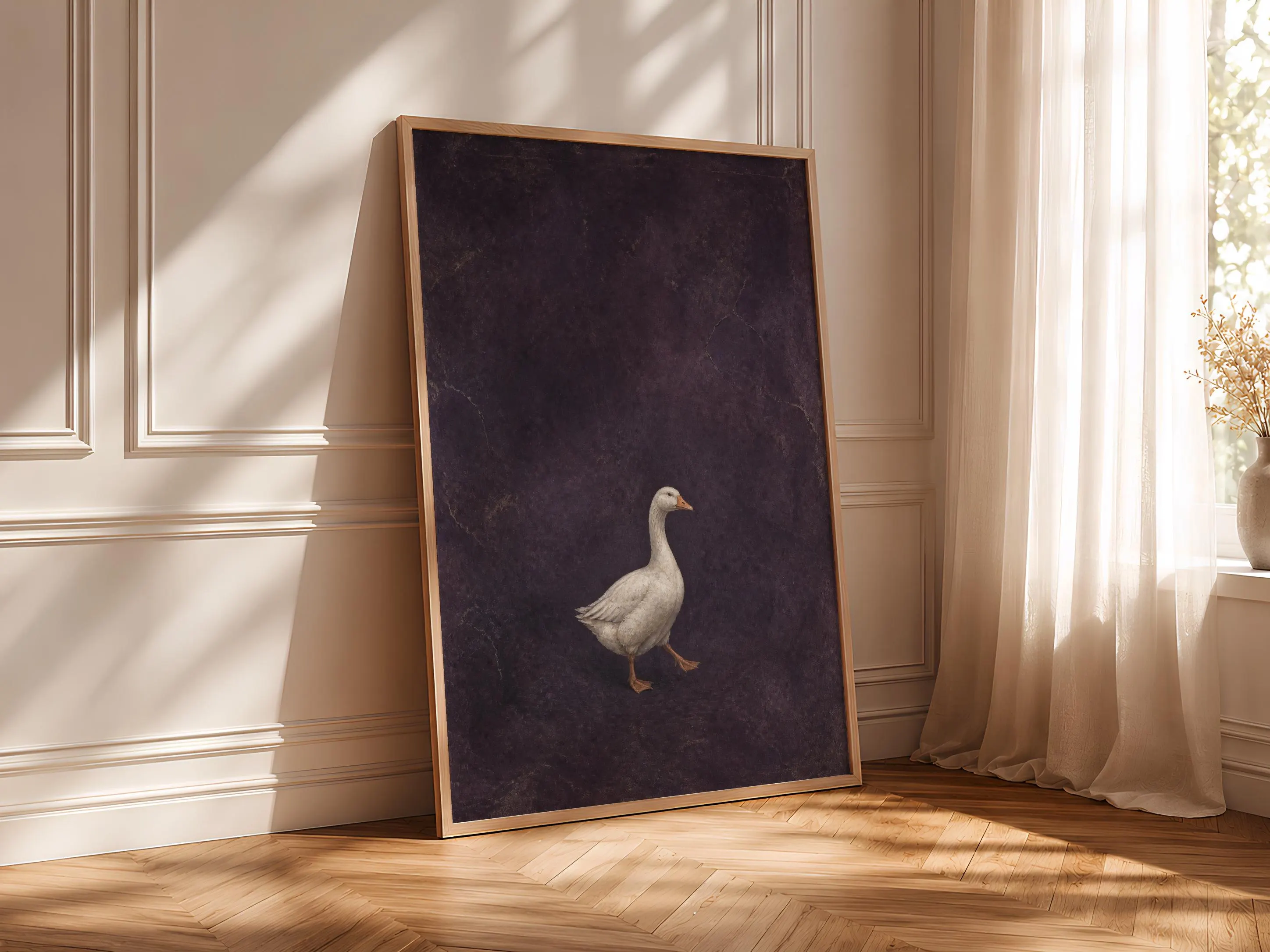 White Goose Wall Art, Aubergine Fresco Farmhouse Painting, Minimalist Animal Print, Housewarming Gift – Calm Wall Art by Artsify thumbnail 4