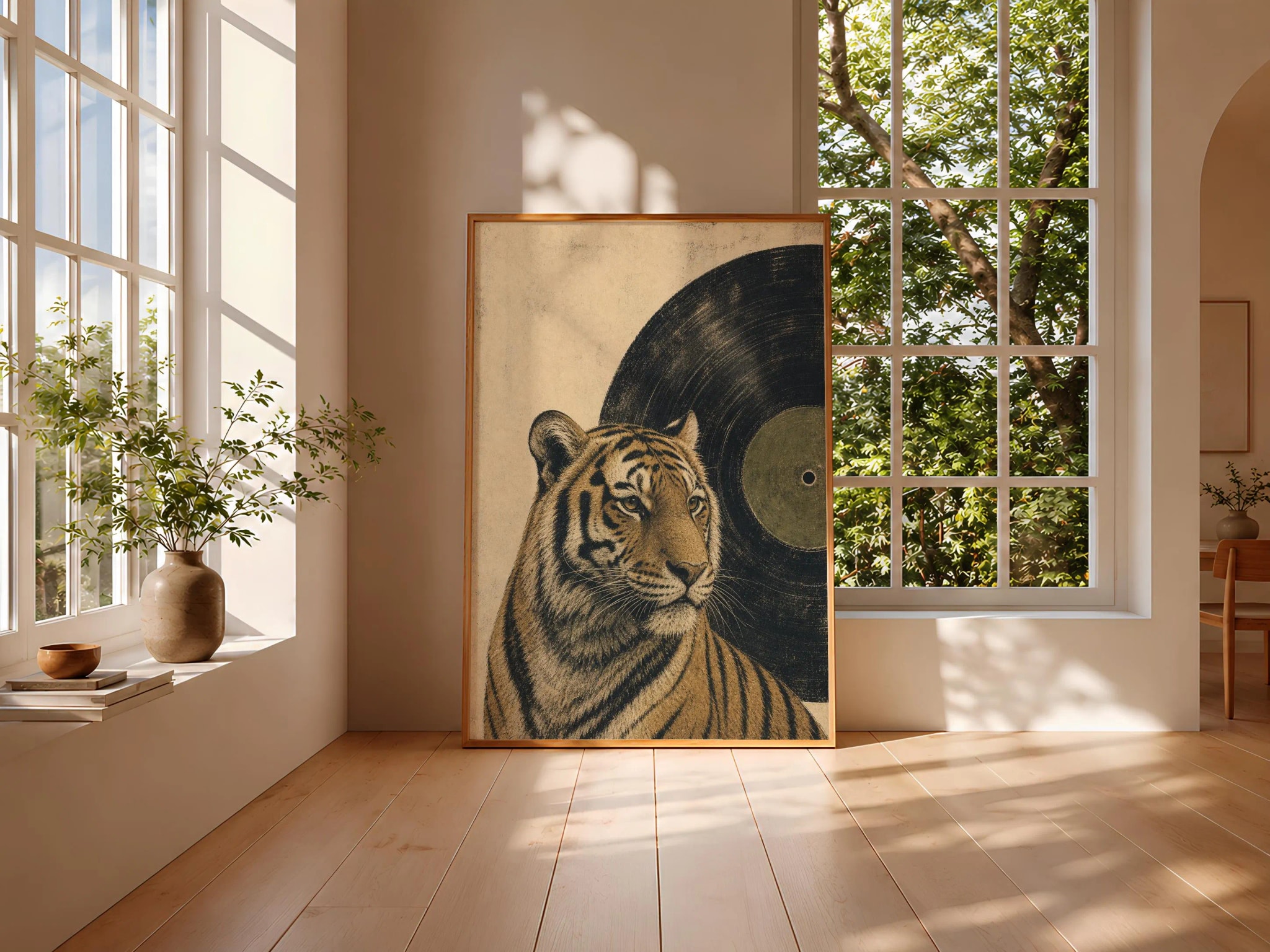 Tiger Vinyl Record Print, Woodblock Animal Wall Art, Olive Label Music Poster, Vinyl Record Lover Decor, Housewarming Gift – Calm Wall Art by Artsify thumbnail 3