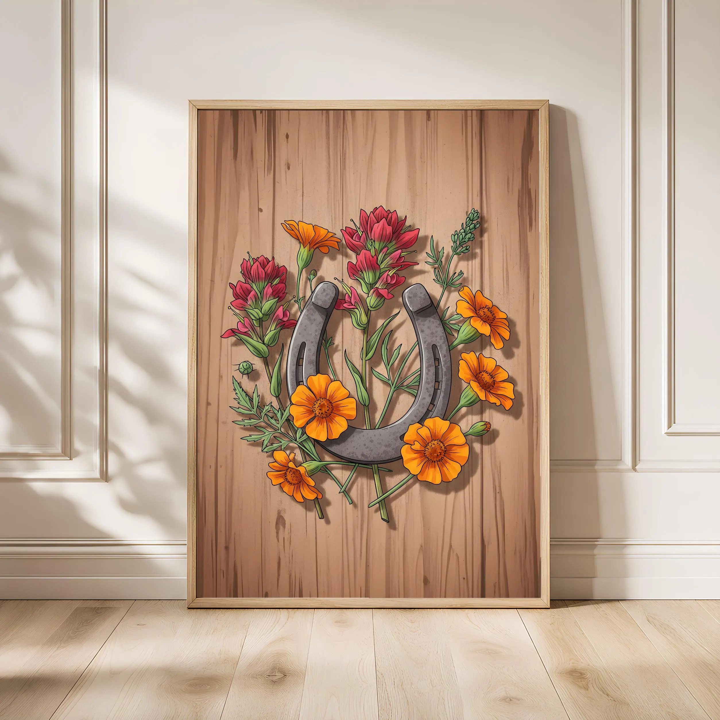 Horseshoe Wildflower Print, Rustic Western Poster, Boho Farmhouse Wall Art, Country Entryway Decor, Housewarming Gift – Calm Wall Art by Artsify