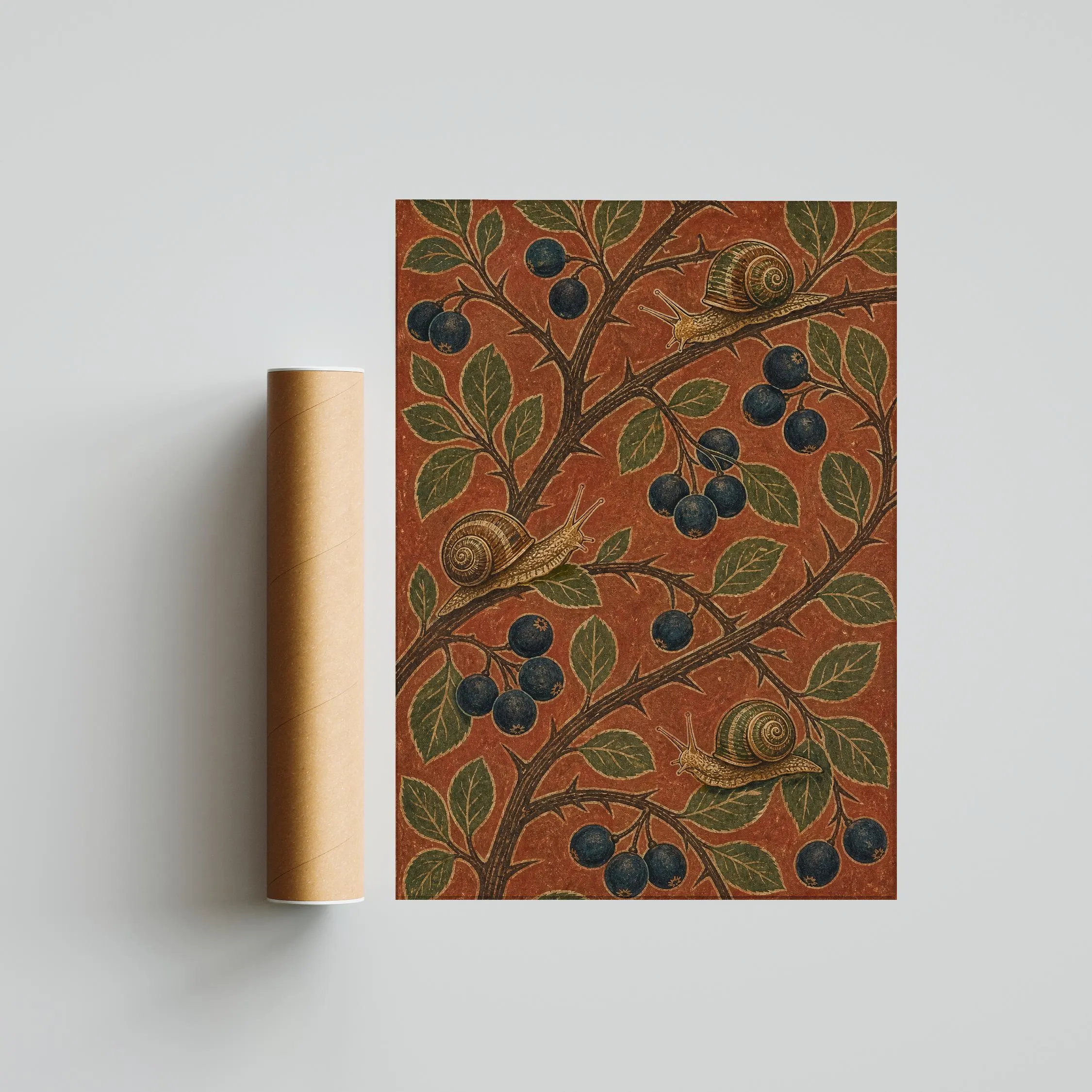 Sloe Berry Botanical Print, William Morris Style Wall Art, Snail Garden Poster, Rust Cottagecore Decor, Housewarming Gift – Calm Wall Art by Artsify thumbnail 5
