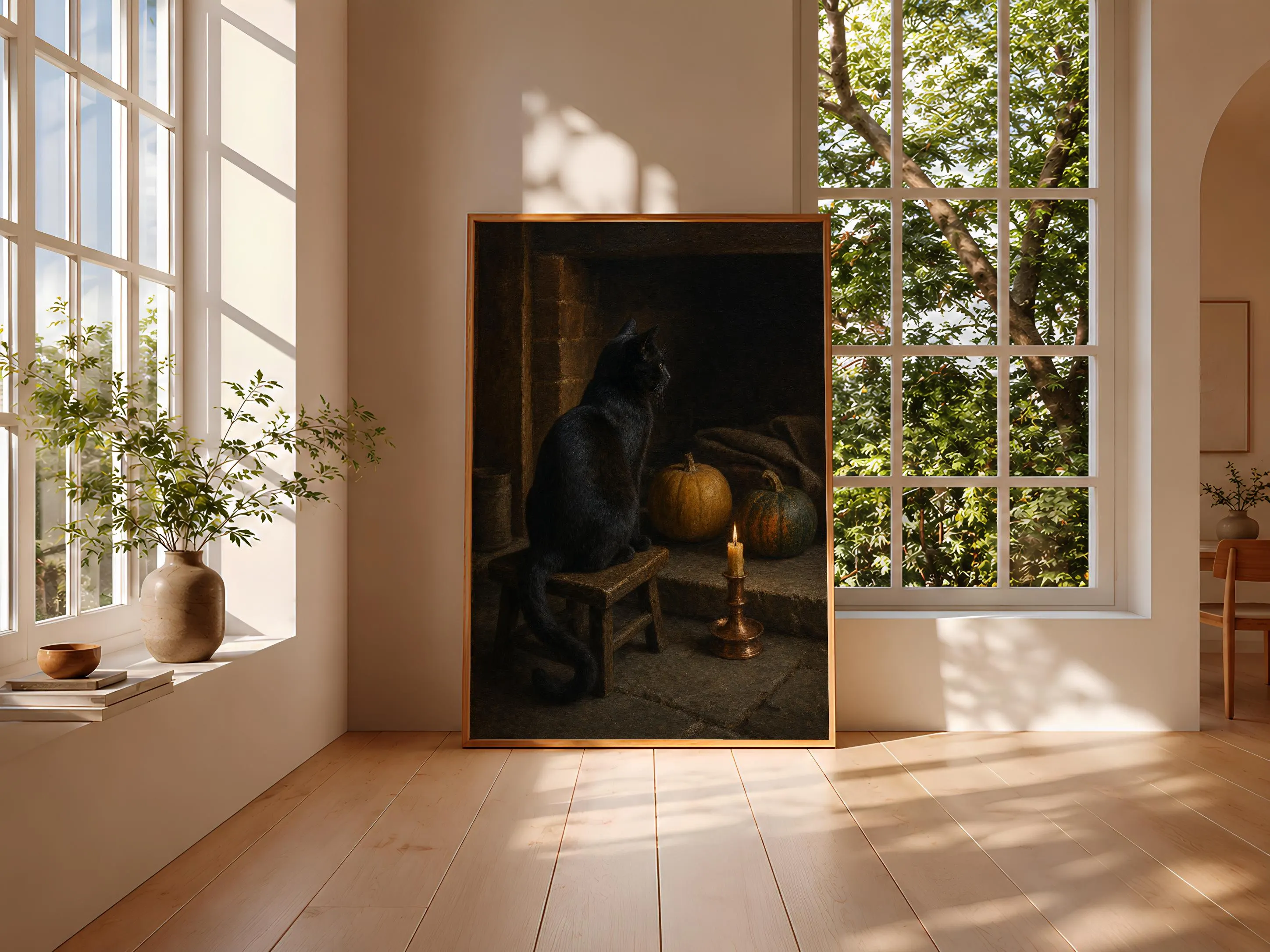Black Cat Oil Painting Print, Vintage Halloween Wall Art, Gothic Animal Poster, Pumpkin Hearth Decor, Housewarming Gift – Calm Wall Art by Artsify thumbnail 3
