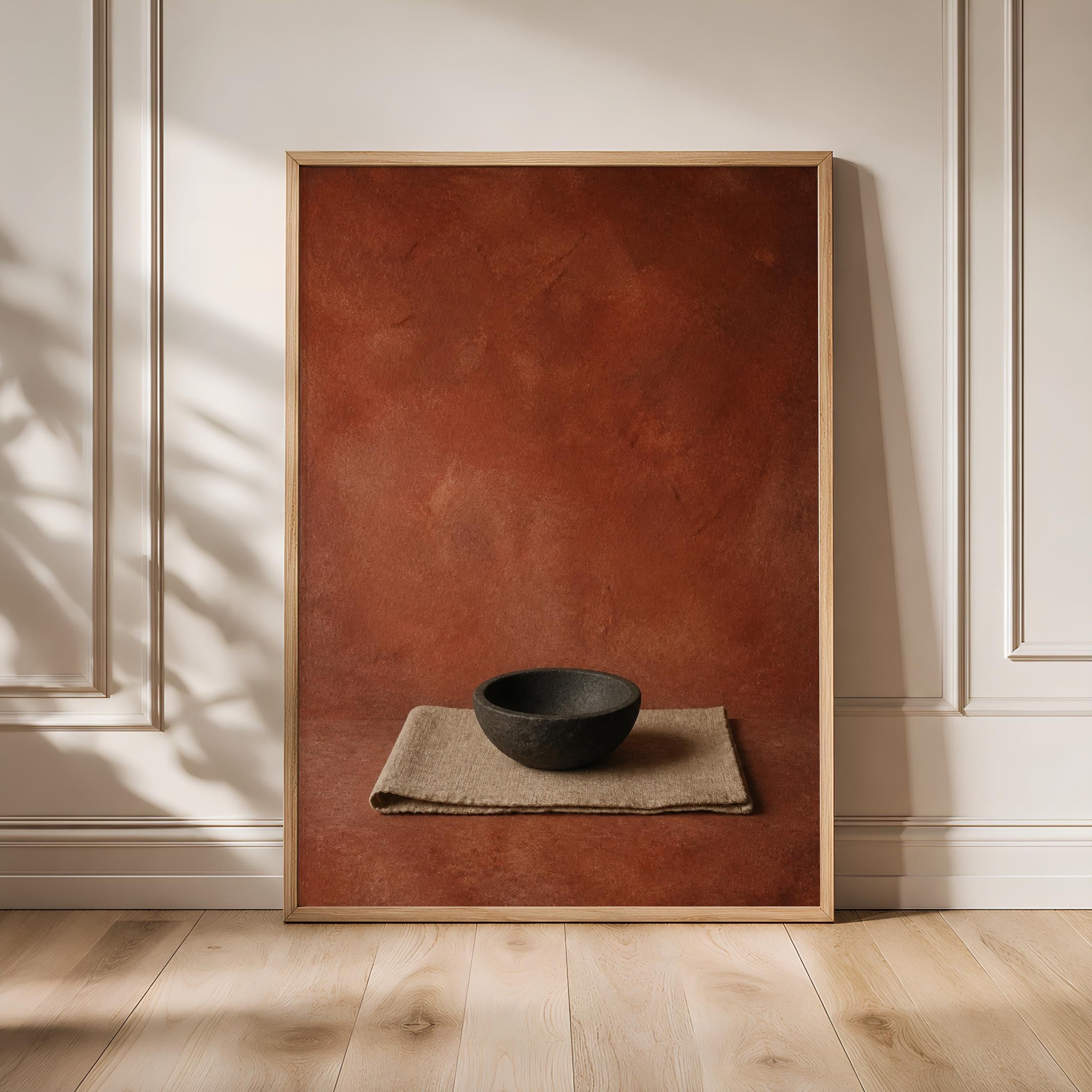 Basalt Bowl Wall Art, Minimalist Terracotta Still Life, Warm Rustic Kitchen Print – Calm Wall Art by Artsify