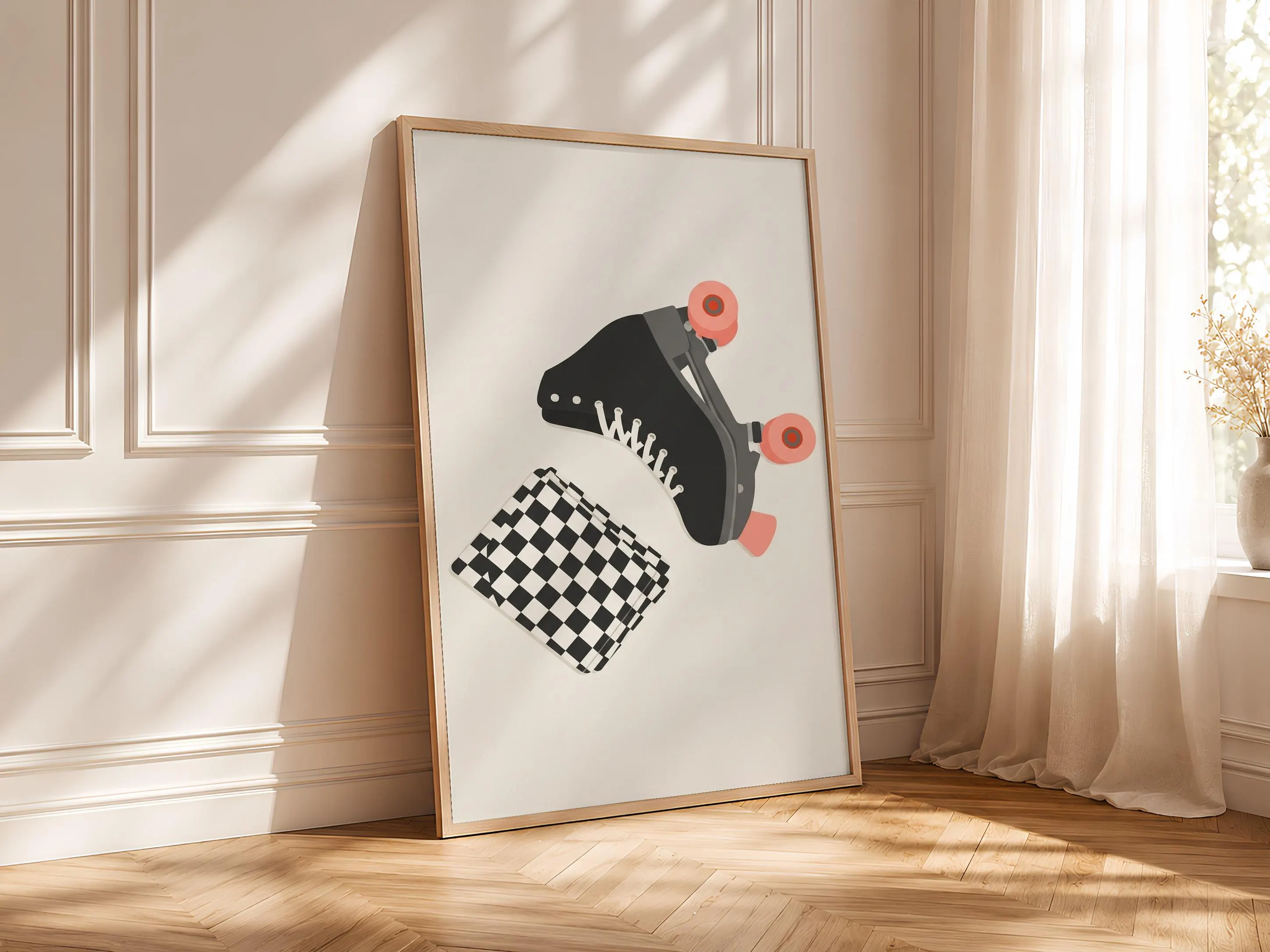 Retro Roller Skate Print, Checkerboard Japandi Poster, Black White Wall Art, Skater Gift, Housewarming Gift – Calm Wall Art by Artsify thumbnail 4