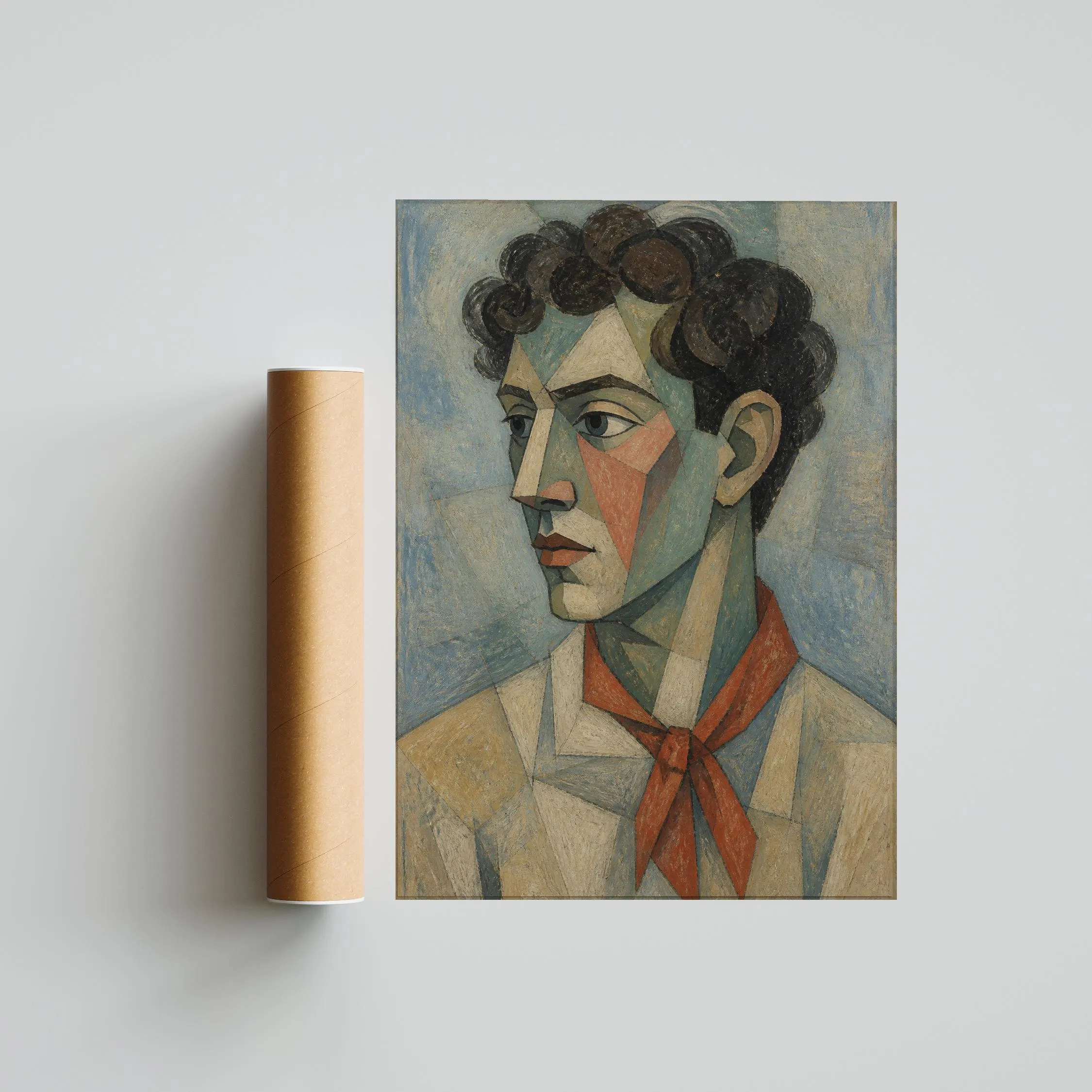 Vermilion Scarf Cubist Man Portrait, Sea Green Abstract Face Print, Modern Wall Art – Calm Wall Art by Artsify thumbnail 5