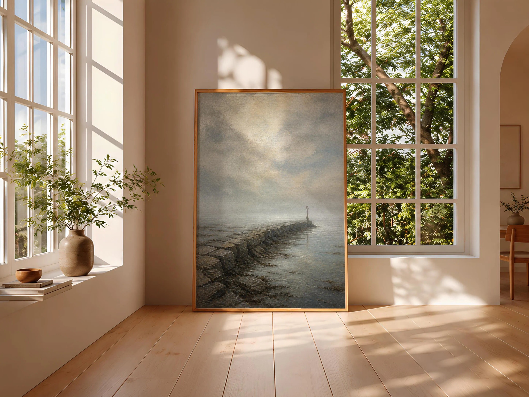 Fog Breakwater Wall Art, Tonalist Coastal Oil Painting Print – Calm Wall Art by Artsify thumbnail 3