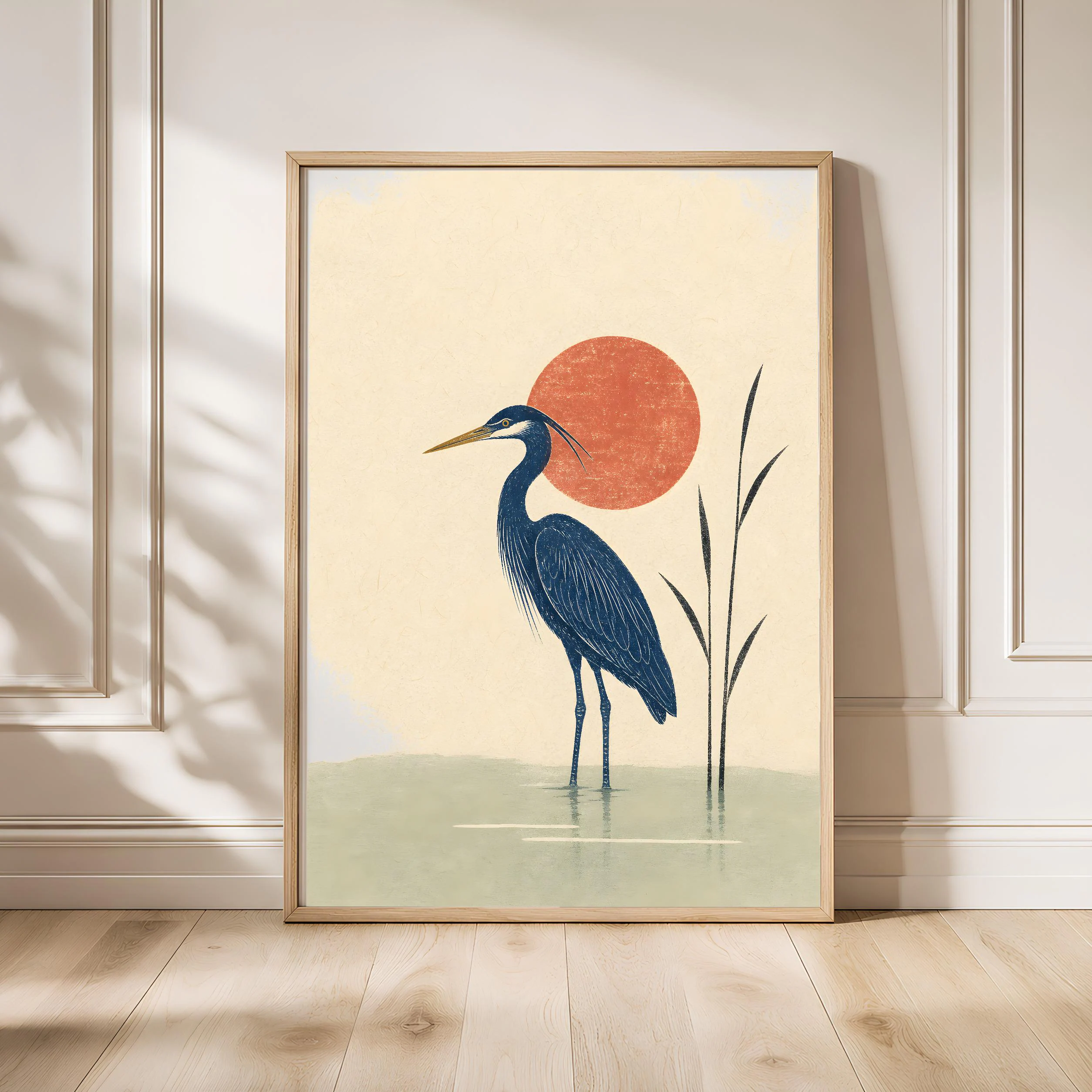 Heron Woodblock Print, Minimalist Bird Wall Art, Japanese Style Poster, Indigo Nature Decor, Housewarming Gift – Calm Wall Art by Artsify