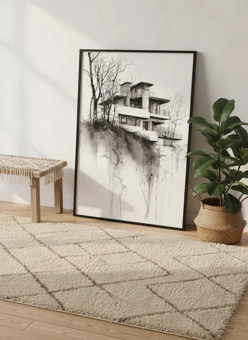 Modern Cliff House Art Print, Black and White Ink Drawing – Calm Wall Art by Artsify