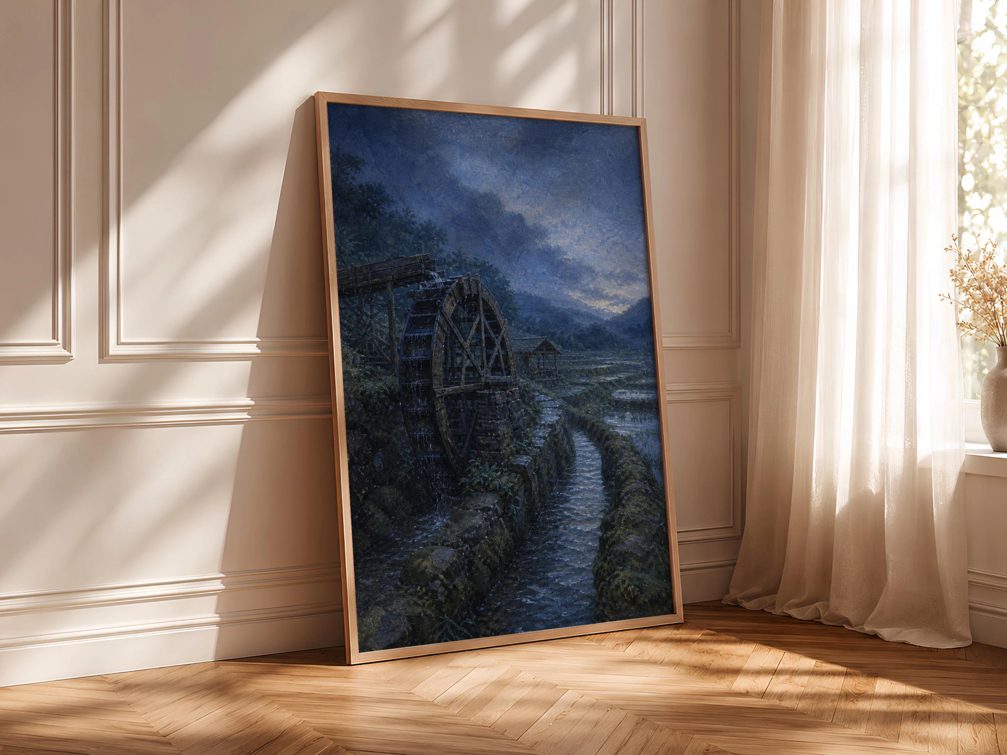 Japanese Water Wheel Print, Rural Landscape Wall Art, Vintage Farm Poster, Japandi Countryside Decor, Housewarming Gift – Calm Wall Art by Artsify thumbnail 4