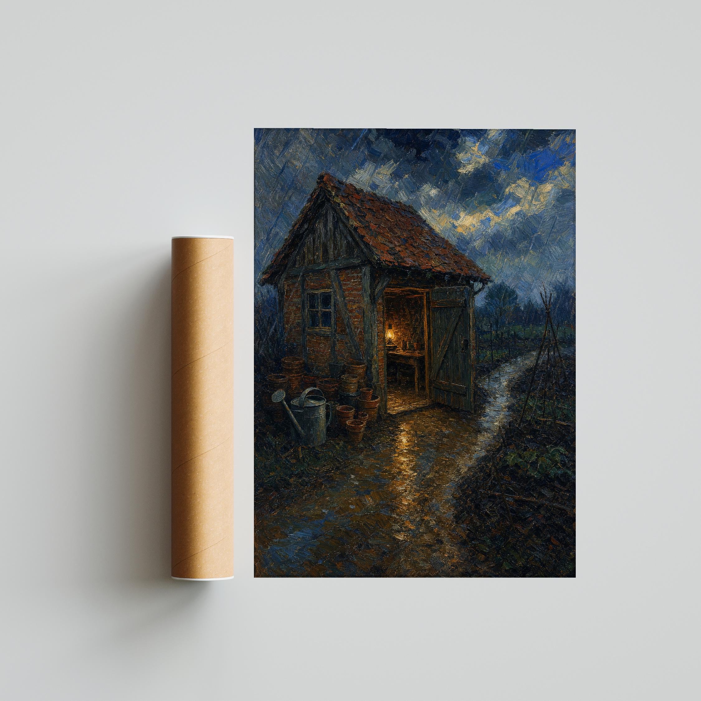 Van Gogh Style Garden Shed Print, Post Impressionist Wall Art, Rainy Cottage Poster, Gardener Gift Decor, Housewarming Gift – Calm Wall Art by Artsify thumbnail 5