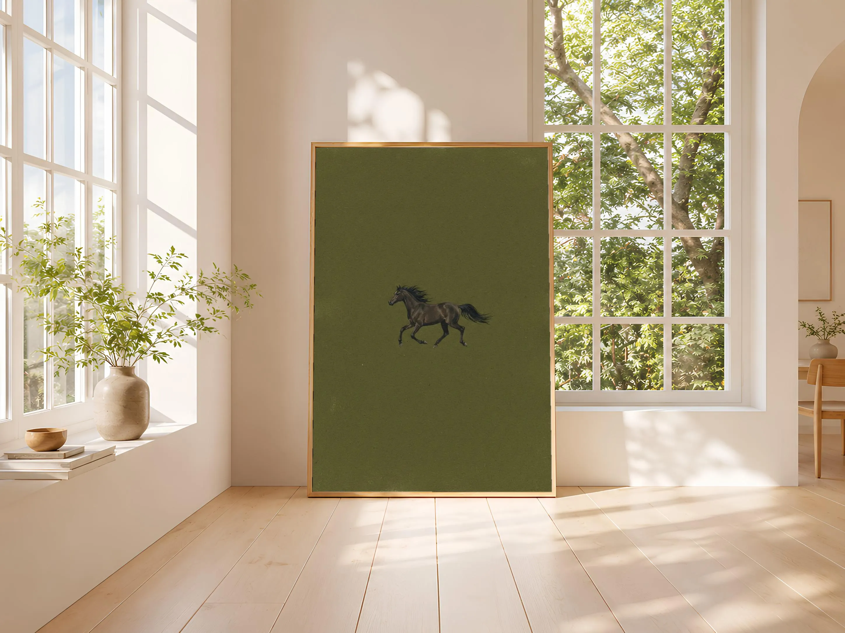Horse Wall Art, Olive Green Minimalist Wildlife Painting, Vintage Equestrian Print, Housewarming Gift – Calm Wall Art by Artsify thumbnail 3