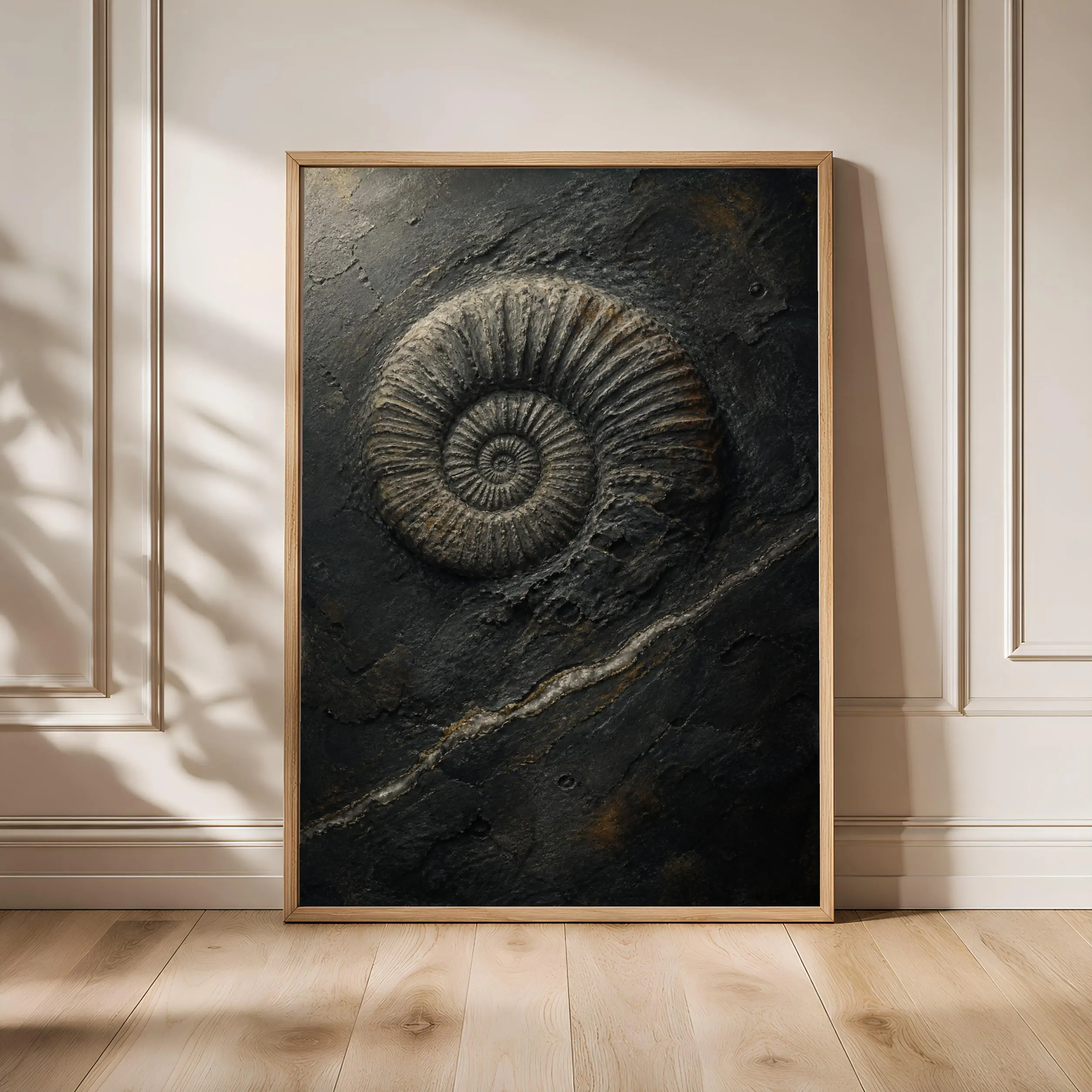 Ammonite Fossil Print, Charcoal Slate Encaustic Wall Art, Mineral Relief Poster, Housewarming Gift – Calm Wall Art by Artsify
