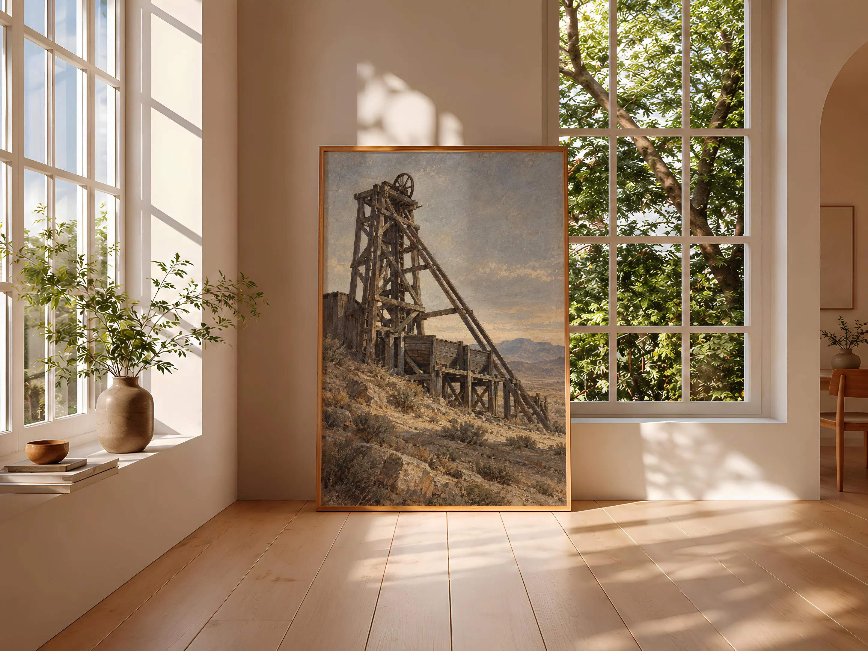 Old Mining Headframe Wall Art, Western Industrial Architecture Painting – Calm Wall Art by Artsify thumbnail 3