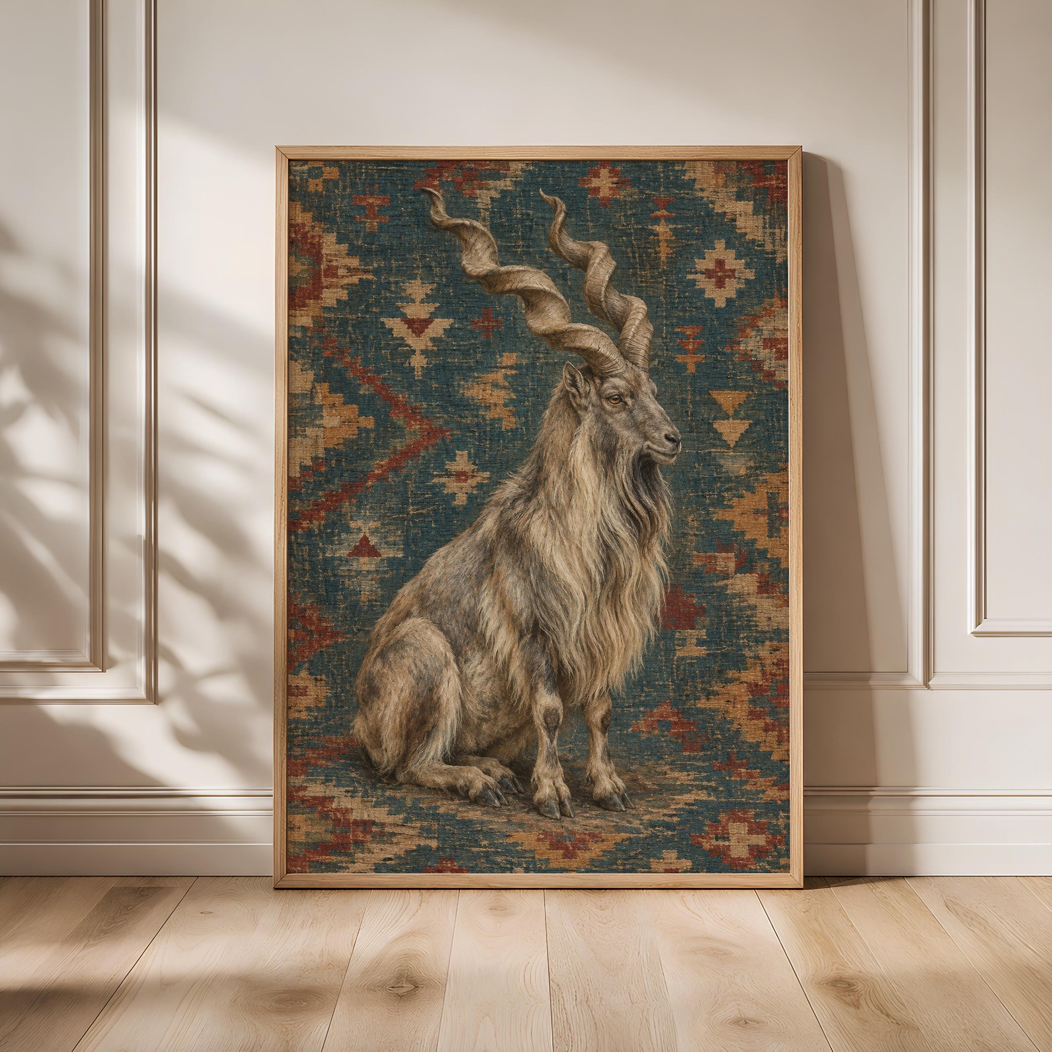 Spiral Horn Markhor Wall Art, Rustic Kilim Animal Painting – Calm Wall Art by Artsify
