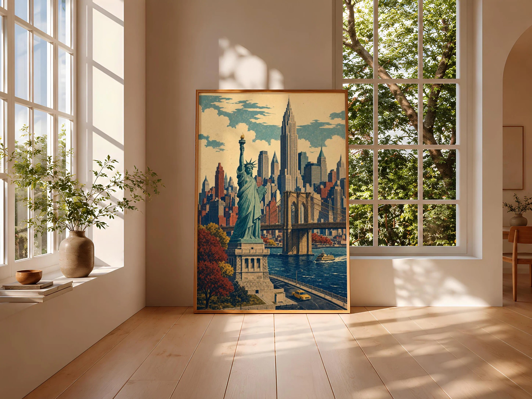 New York Skyline Painting Print, Statue of Liberty Wall Art, Vintage Cityscape Poster, American Travel Decor, Housewarming Gift – Calm Wall Art by Artsify thumbnail 3