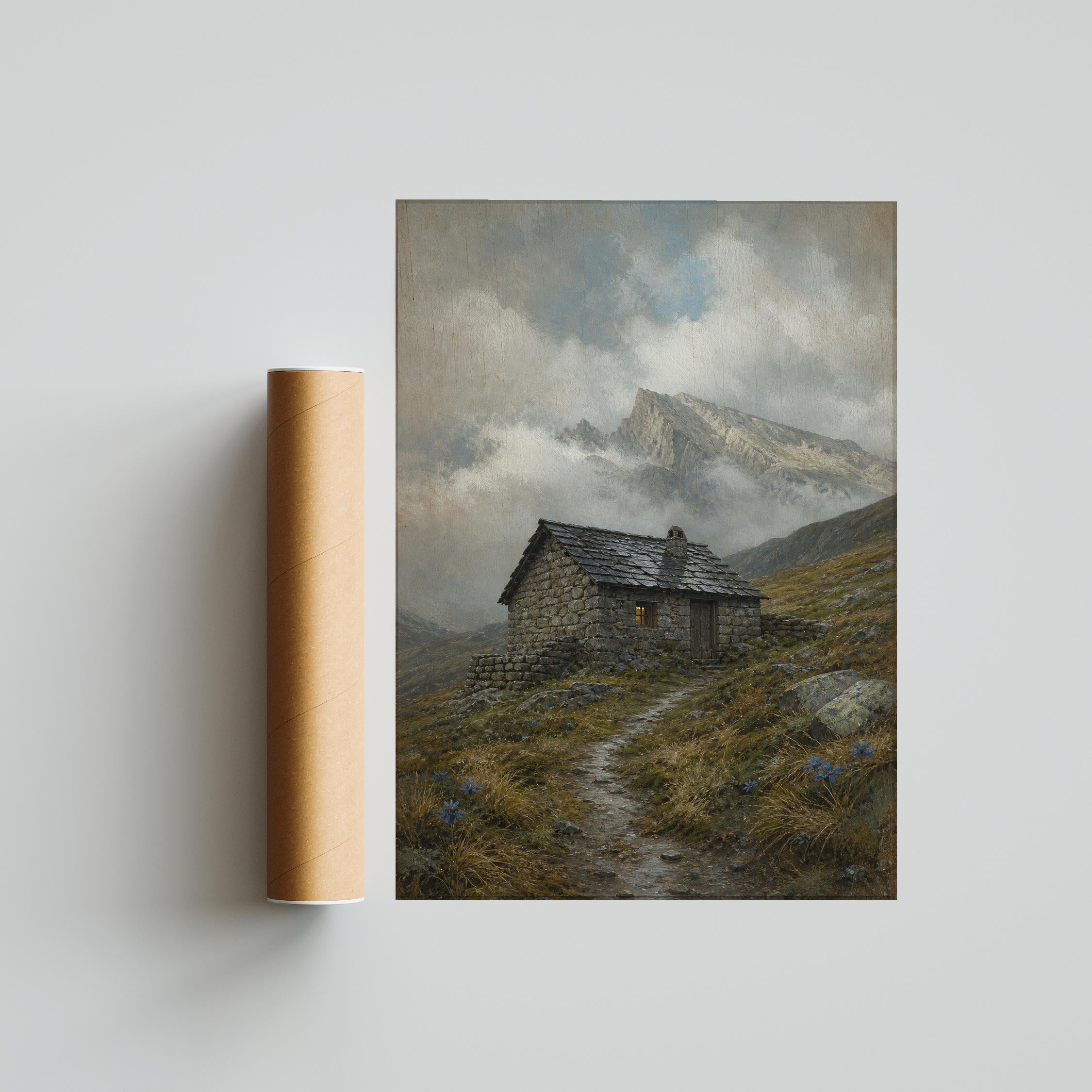 Stone Mountain Hut Wall Art, Realist Oil Painting Alpine Refuge, Misty Grey Mountain Decor Print – Calm Wall Art by Artsify thumbnail 5