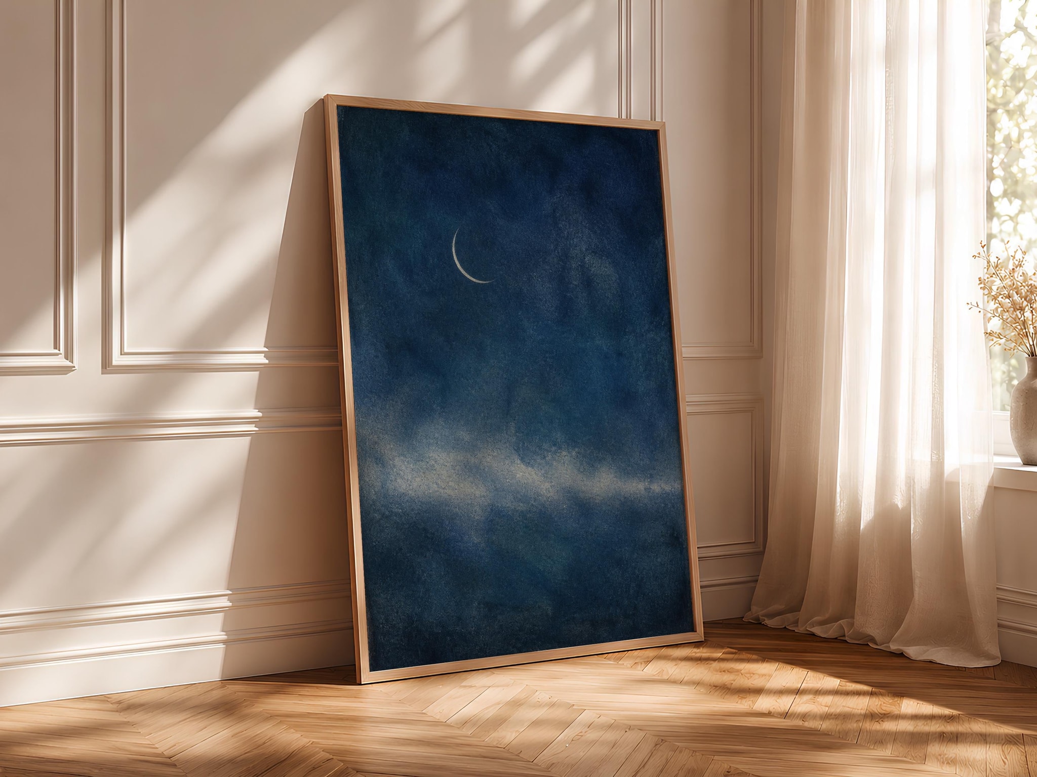 Crescent Moon Wall Art, Minimalist Night Sky Painting, Indigo Blue Celestial Print – Calm Wall Art by Artsify thumbnail 4