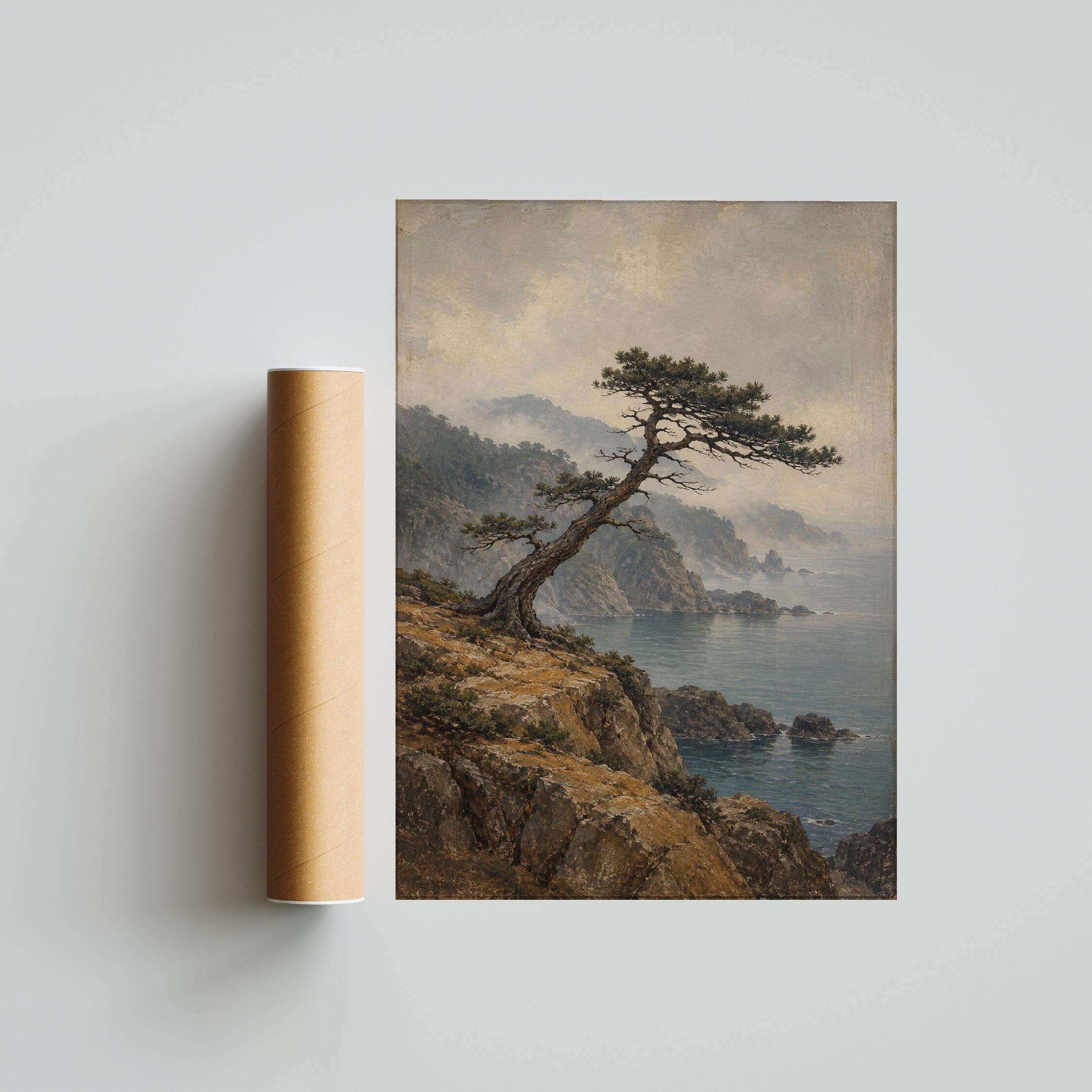 Wind Bent Pine Wall Art, Japanese Cliff Landscape Painting, Zen Reading Nook Decor – Calm Wall Art by Artsify thumbnail 5