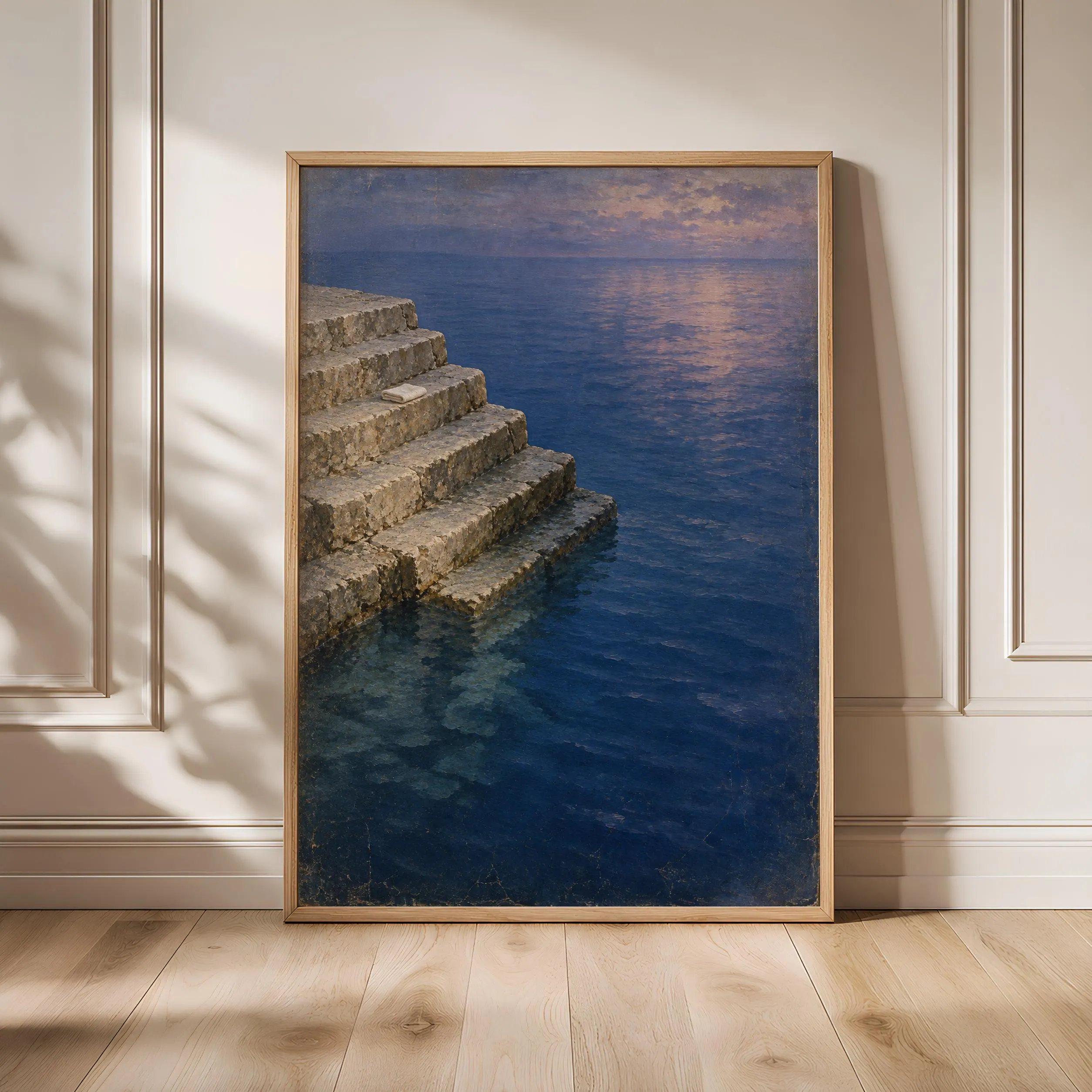 Cobalt Sea Steps Print, Blue Hour Mediterranean Swim Painting – Calm Wall Art by Artsify
