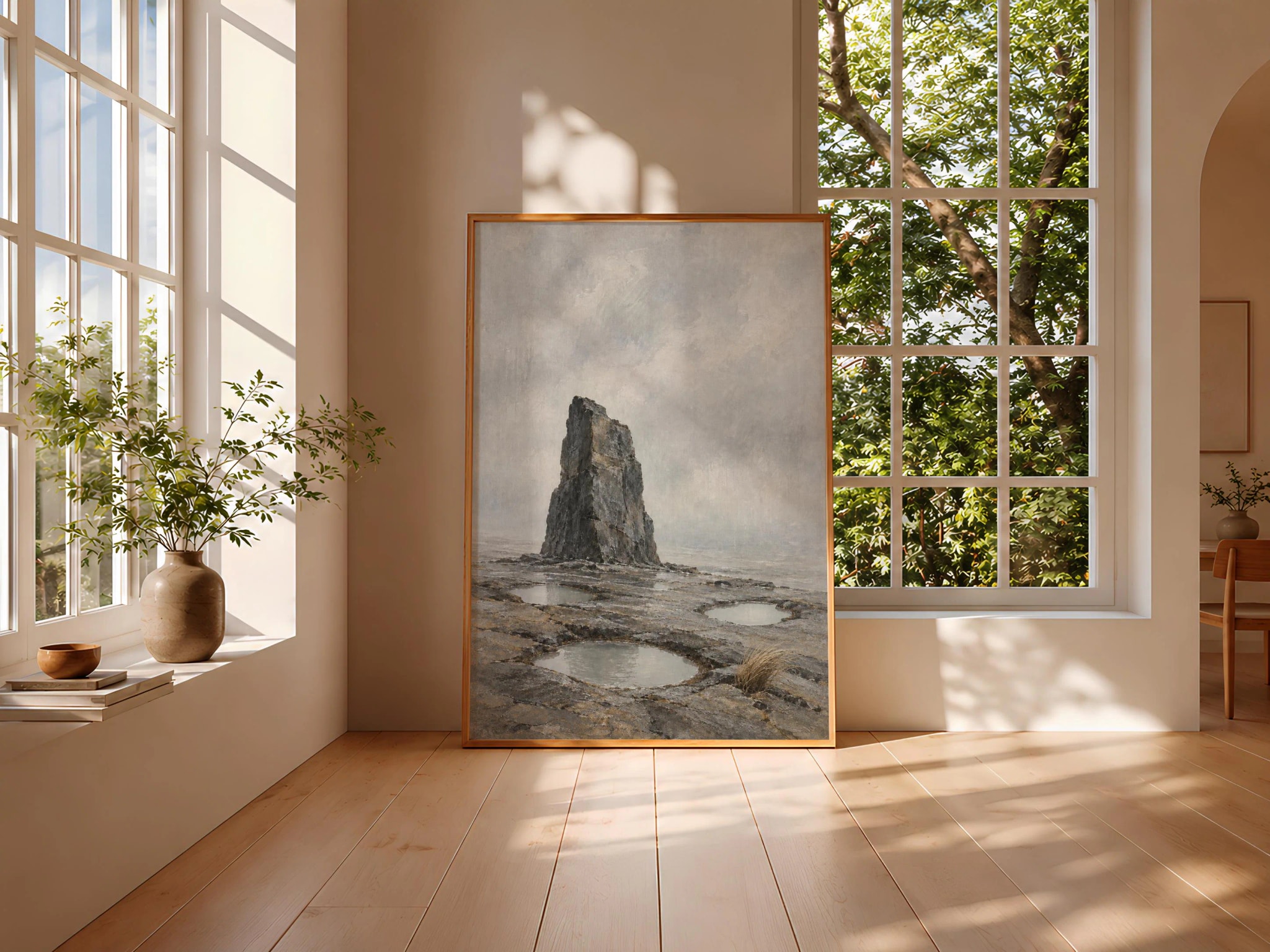 Rainy Basalt Shore Wall Art, Minimalist Coastal Japandi Painting – Calm Wall Art by Artsify thumbnail 3