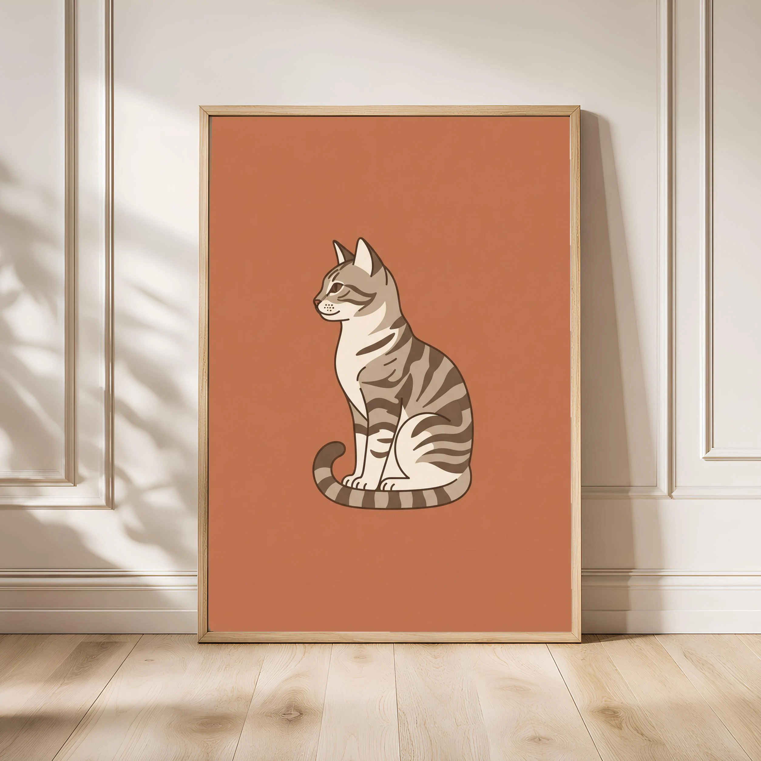 Minimalist Cat Print, Sitting Tabby Wall Art, Terracotta Poster, Cat Lover Gift, Housewarming Gift – Calm Wall Art by Artsify