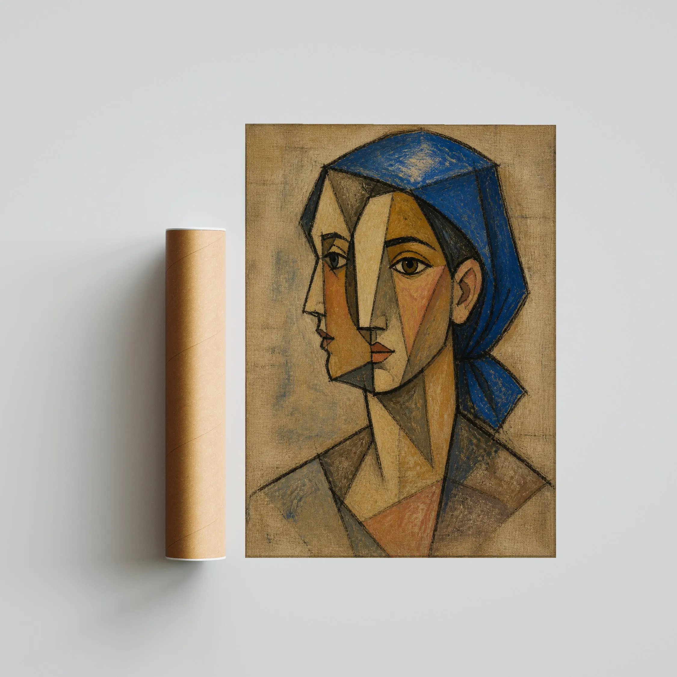 Cobalt Kerchief Cubist Portrait Print, Abstract Woman Wall Art, Modern Geometric Face – Calm Wall Art by Artsify thumbnail 5