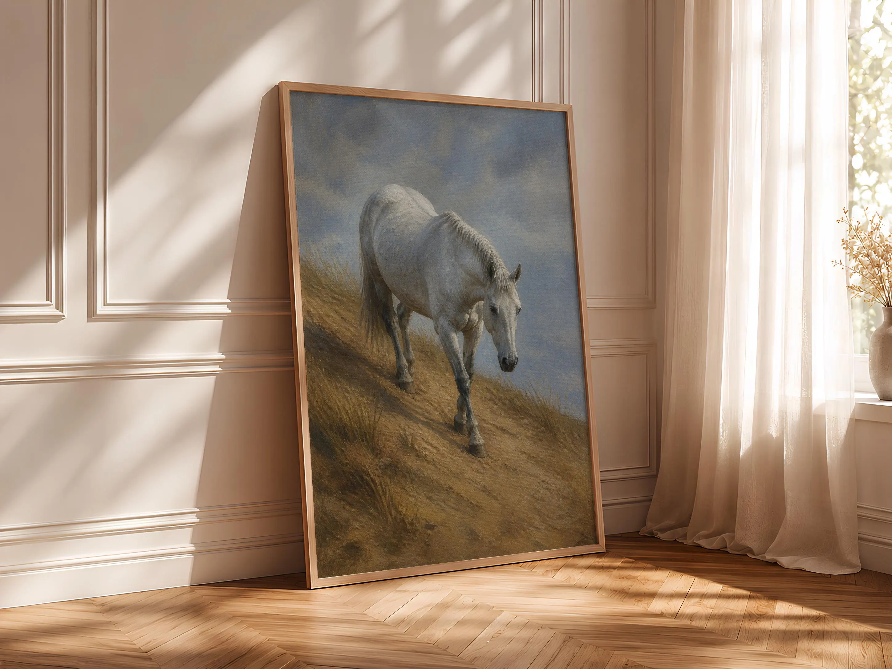 Grey Horse Wall Art, Winter Dune Painting, Pale Blue Coastal Decor Print – Calm Wall Art by Artsify thumbnail 4