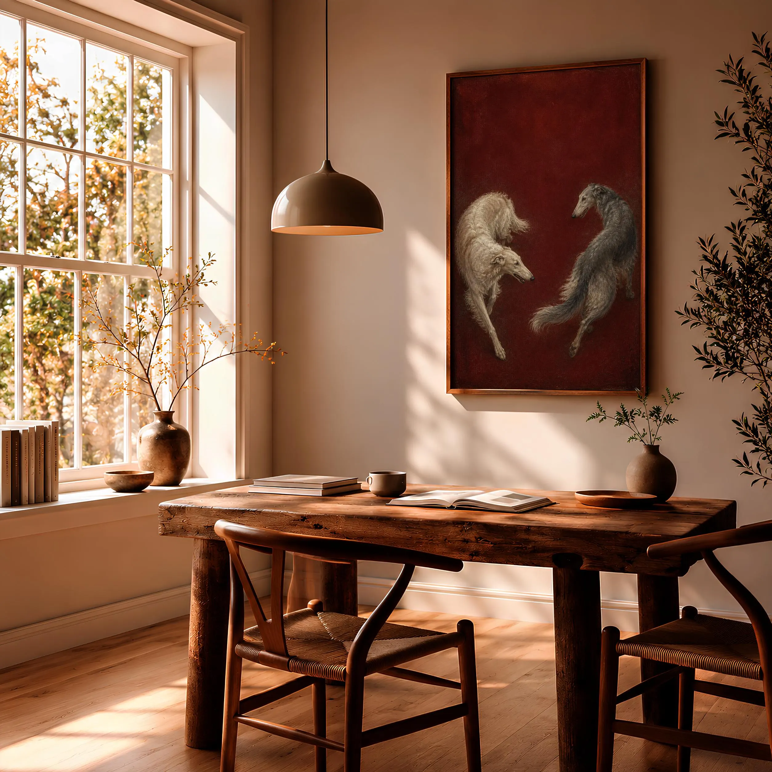Borzoi Pair Wall Art, Claret Tempera Dog Painting, Vintage Sighthound Print, Housewarming Gift – Calm Wall Art by Artsify thumbnail 2