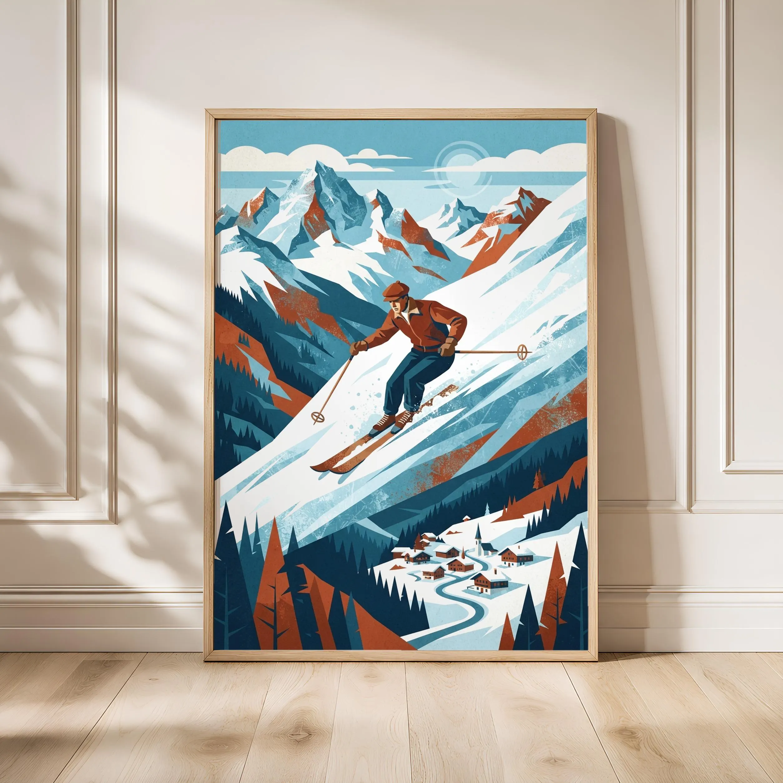 Skier Mountain Print, Alpine WPA Travel Poster, Icy Blue Wall Art, Living Room Decor, Housewarming Gift – Calm Wall Art by Artsify