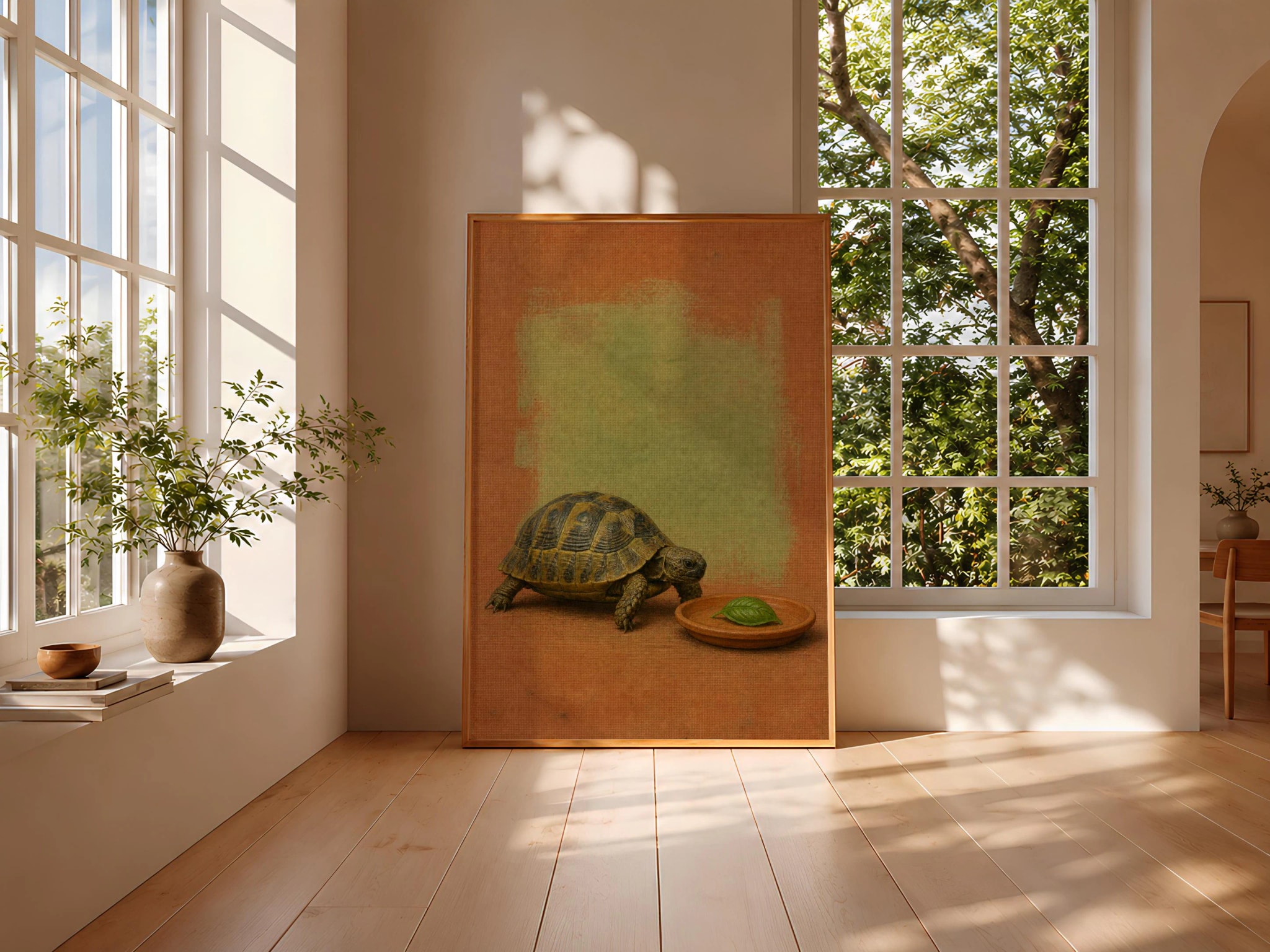 Tortoise Kitchen Art, Basil Leaf Reptile, Minimalist Animal Oil Print – Calm Wall Art by Artsify thumbnail 3