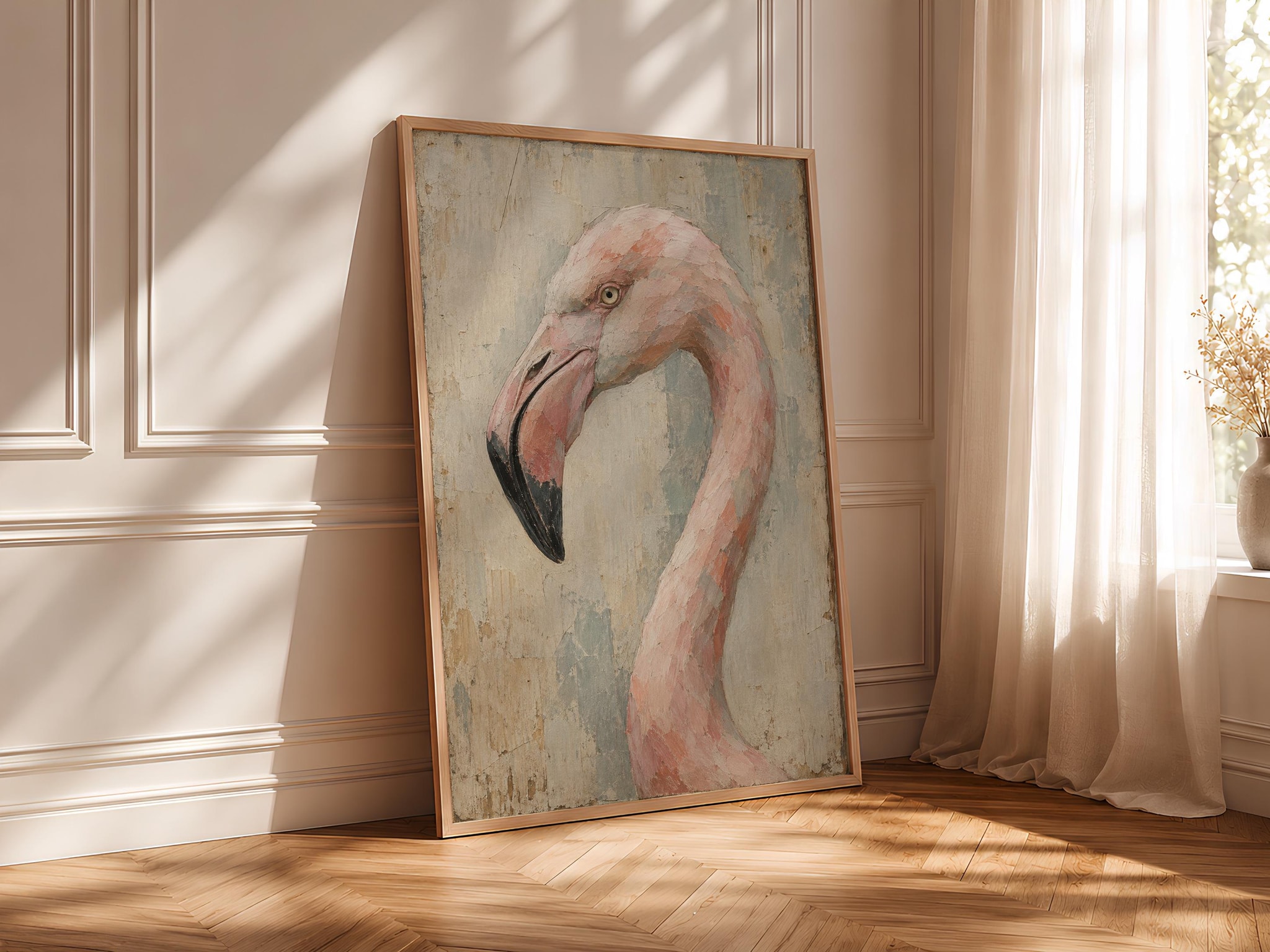 Cubist Flamingo Wall Art, Abstract Geometric Tropical Bird Portrait, Muted Pink Decor – Calm Wall Art by Artsify thumbnail 4