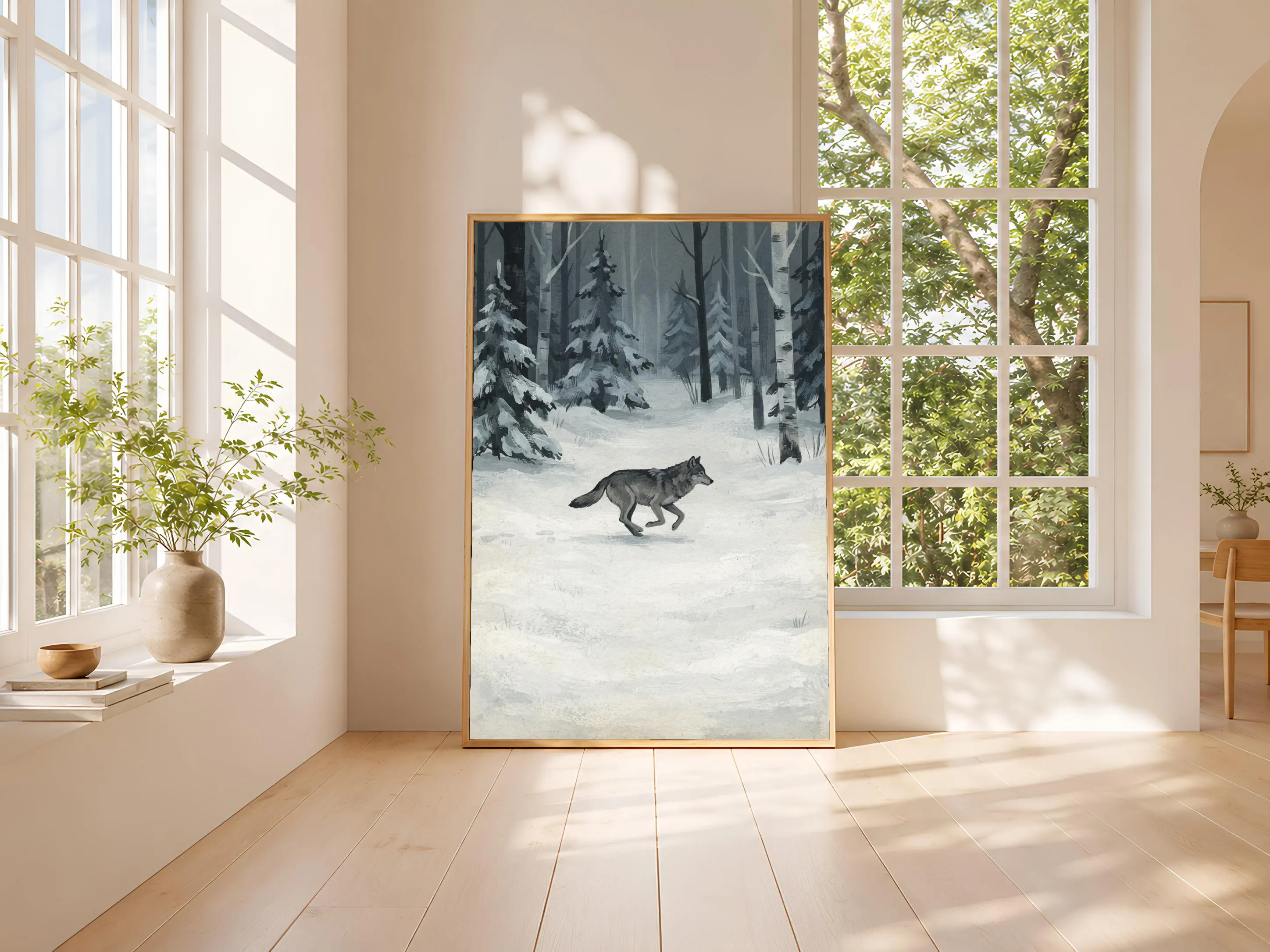 Wolf Wall Art, Charcoal Minimalist Wildlife Painting, Vintage Winter Print, Housewarming Gift – Calm Wall Art by Artsify thumbnail 3