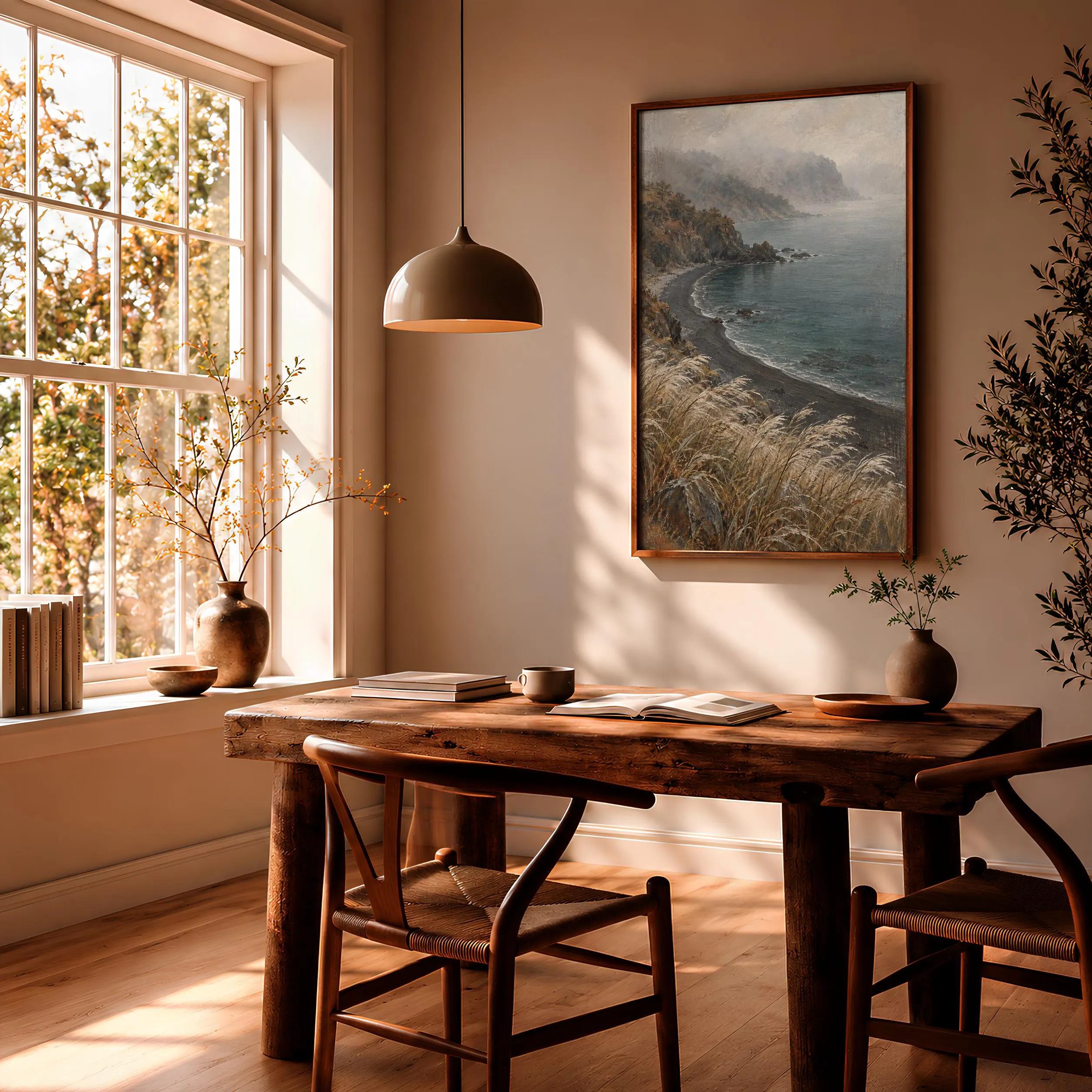 Silver Grass Coastal Wall Art, Misty Volcanic Cove Painting, Neutral Autumn Decor – Calm Wall Art by Artsify thumbnail 2