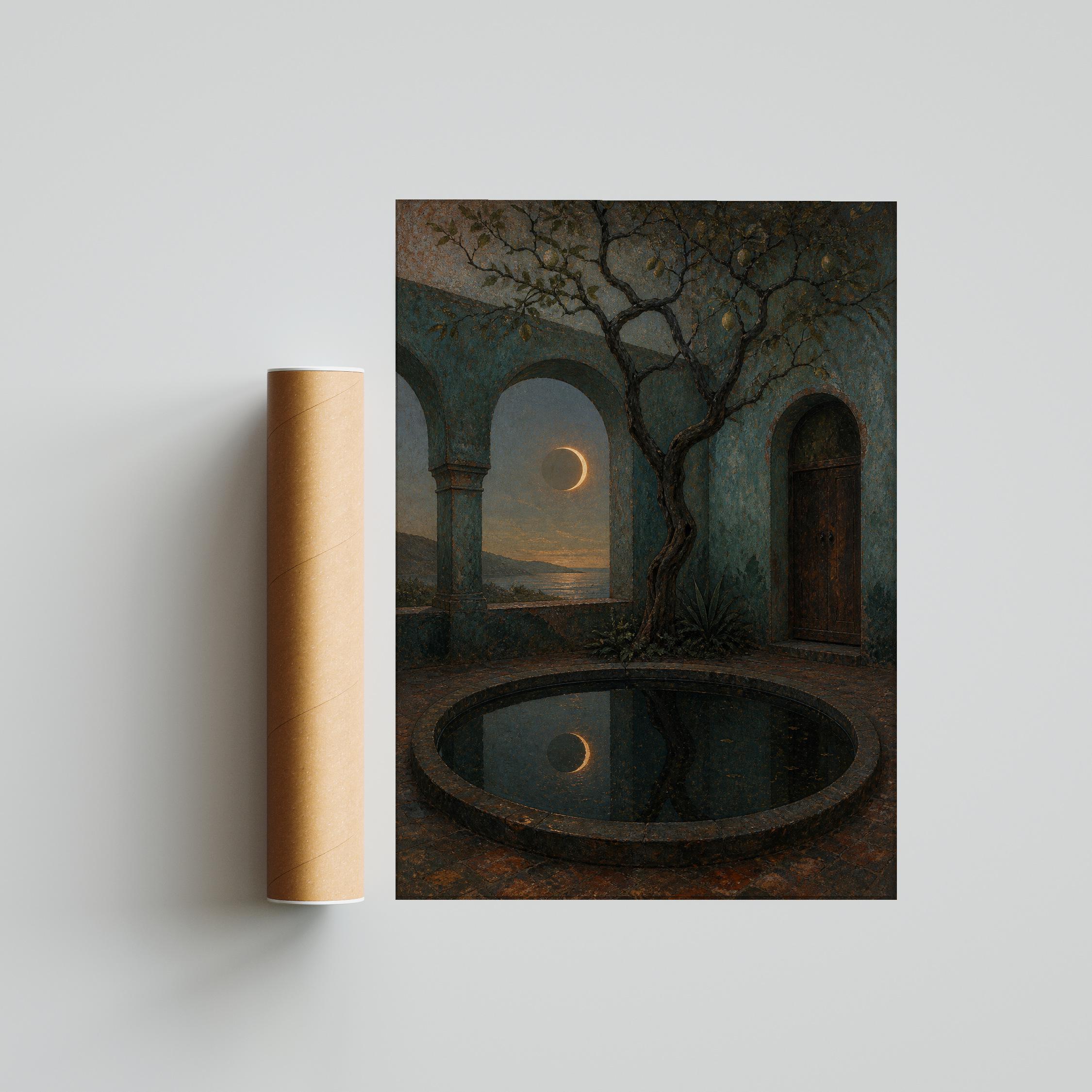 Eclipse Courtyard Wall Art, Vintage Celestial Painting, Teal Mediterranean Print, Housewarming Gift – Calm Wall Art by Artsify thumbnail 5