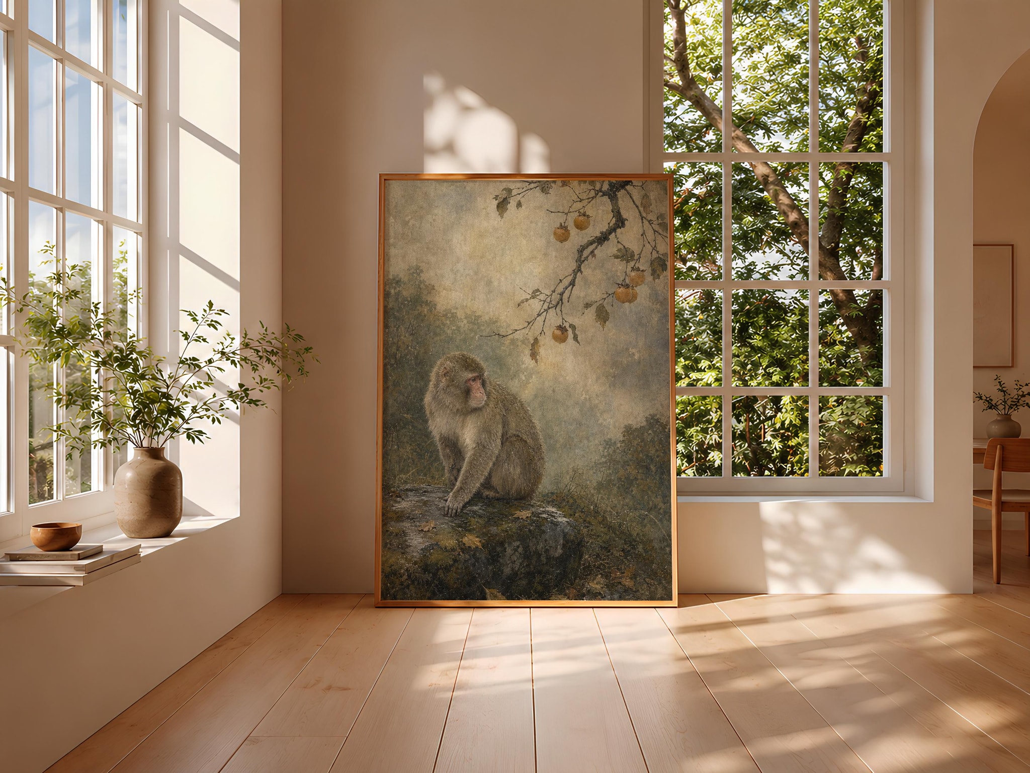 Japanese Macaque Painting Print, Persimmon Wildlife Wall Art, Rainy Forest Poster, Woodland Animal Decor, Housewarming Gift – Calm Wall Art by Artsify thumbnail 3