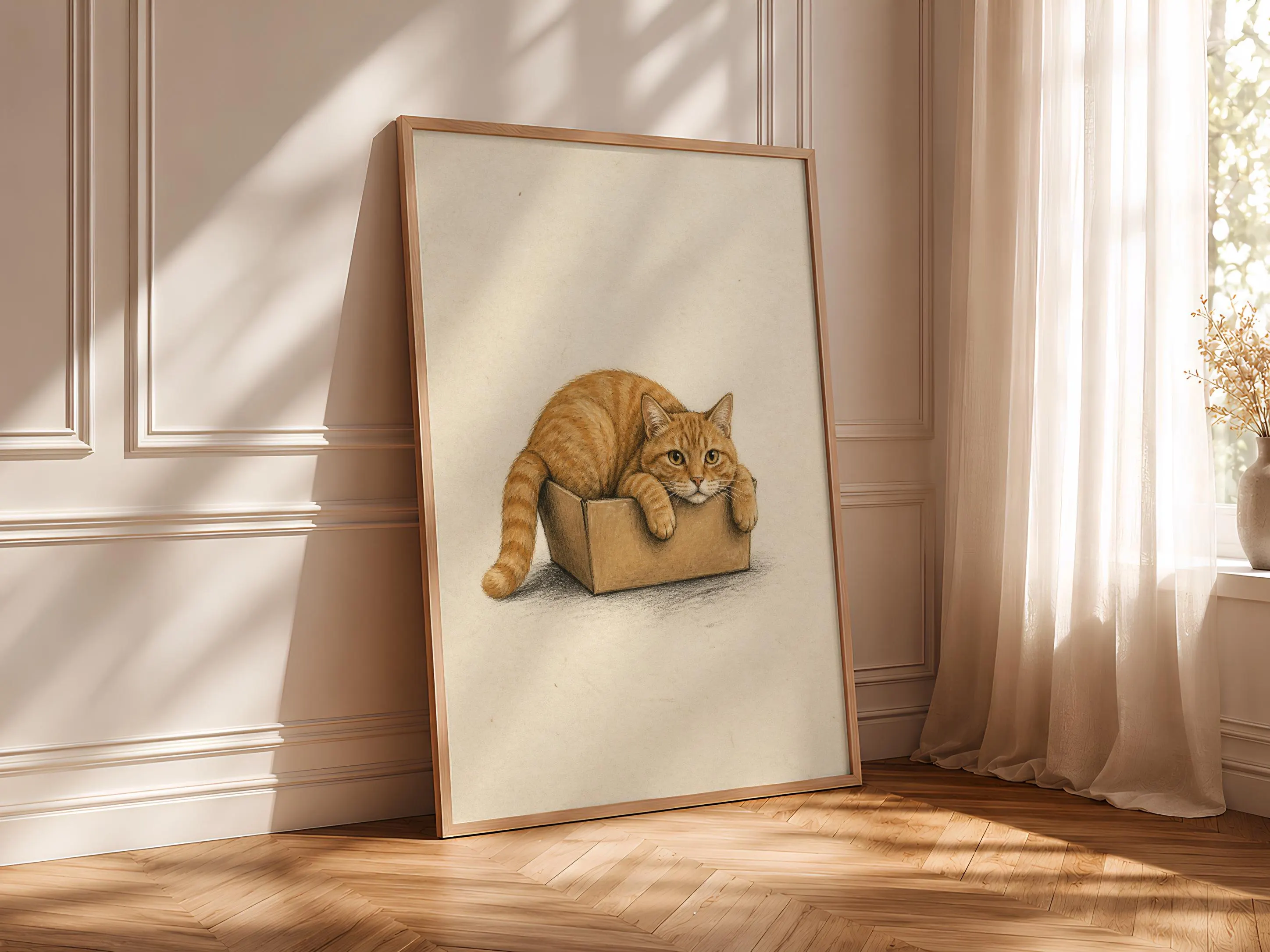Funny Cat Wall Art, Orange Tabby in Box, Minimalist Pet Painting – Calm Wall Art by Artsify thumbnail 4