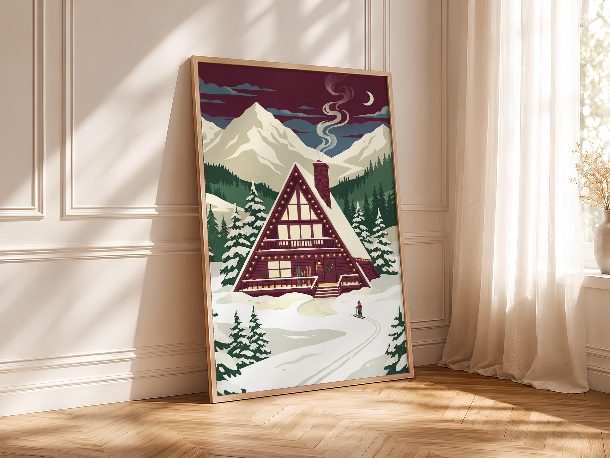 Ski Lodge Print, Alpine WPA Travel Poster, Burgundy Wall Art, Cabin Decor, Housewarming Gift – Calm Wall Art by Artsify thumbnail 4