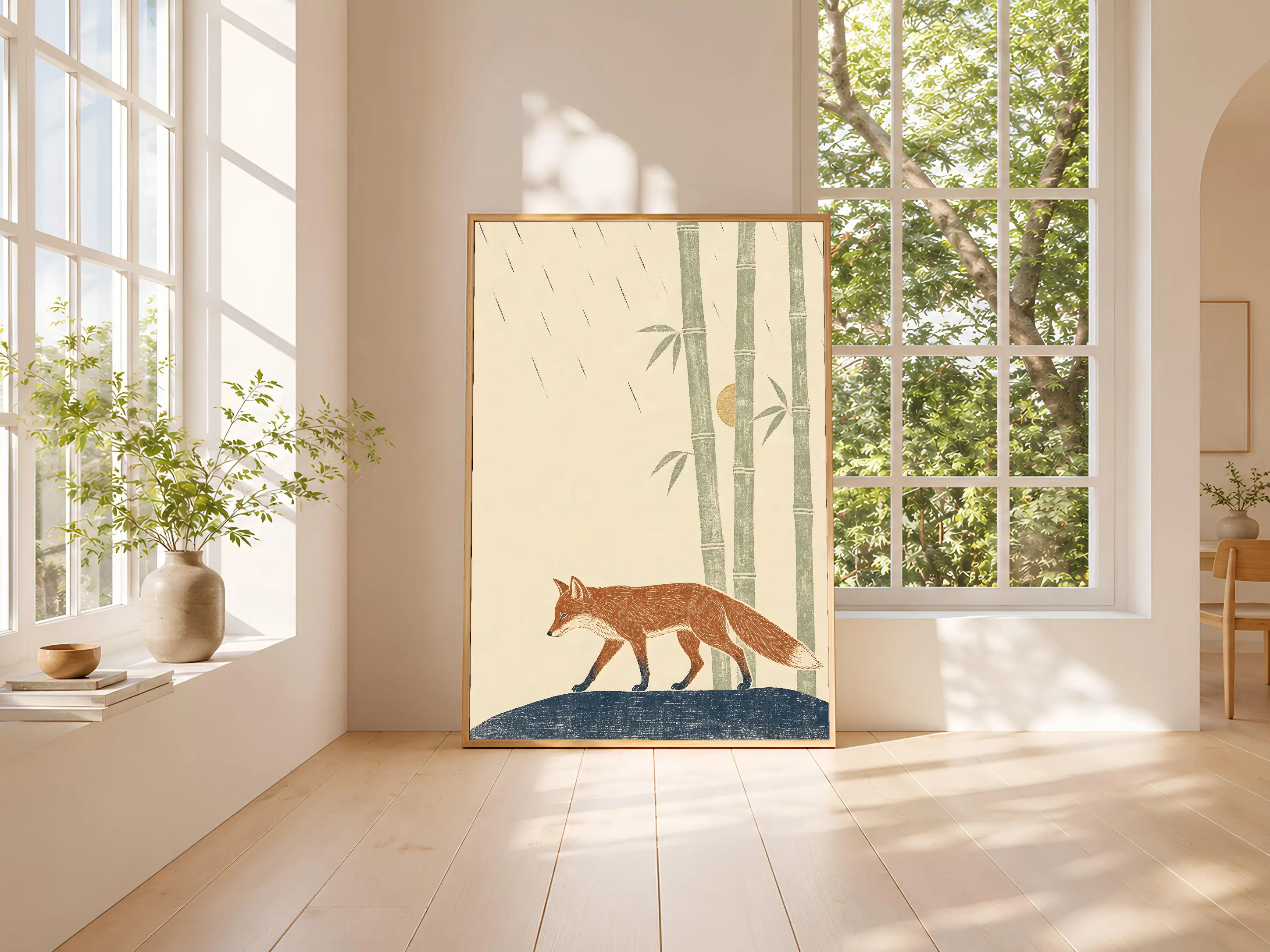 Fox Woodblock Print, Bamboo Forest Wall Art, Japanese Style Nature Poster, Rainy Day Decor, Housewarming Gift – Calm Wall Art by Artsify thumbnail 3
