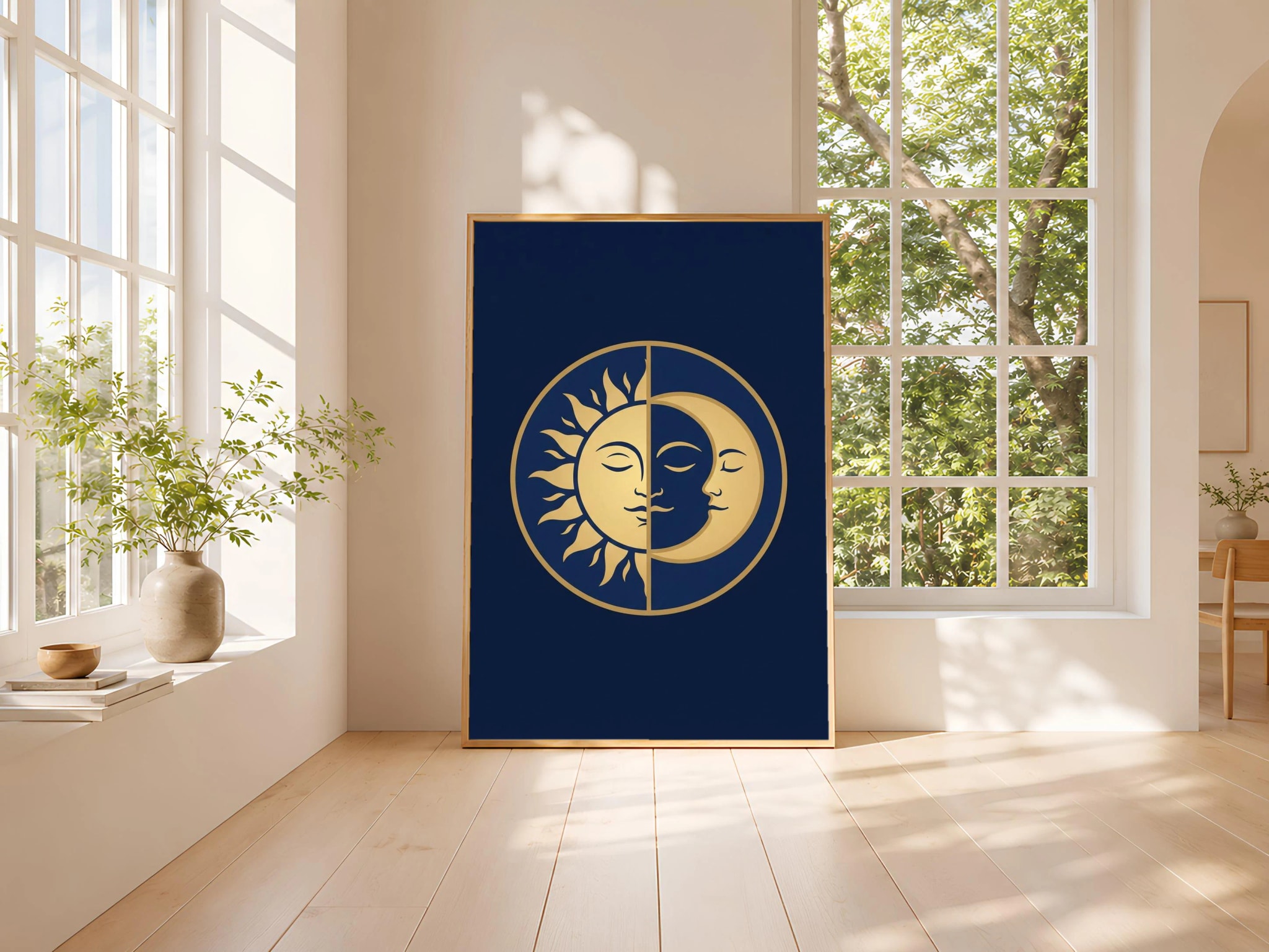 Sun and Moon Medallion Print, Celestial Wall Art, Boho Navy Gold Poster, Bedroom Decor, Housewarming Gift – Calm Wall Art by Artsify thumbnail 3