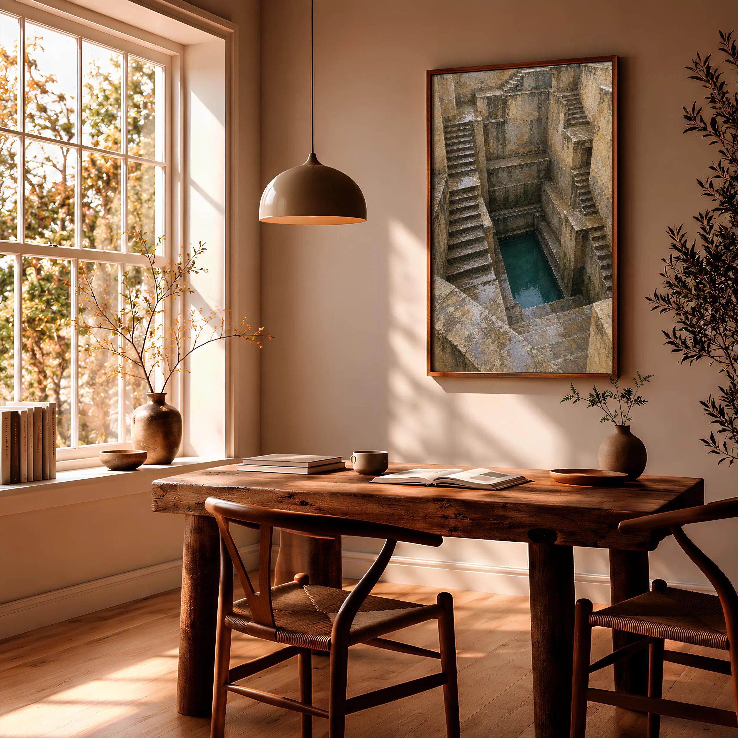 Indian Stepwell Wall Art, Moody Architectural Tempera Painting, Earth Tone Decor – Calm Wall Art by Artsify thumbnail 2