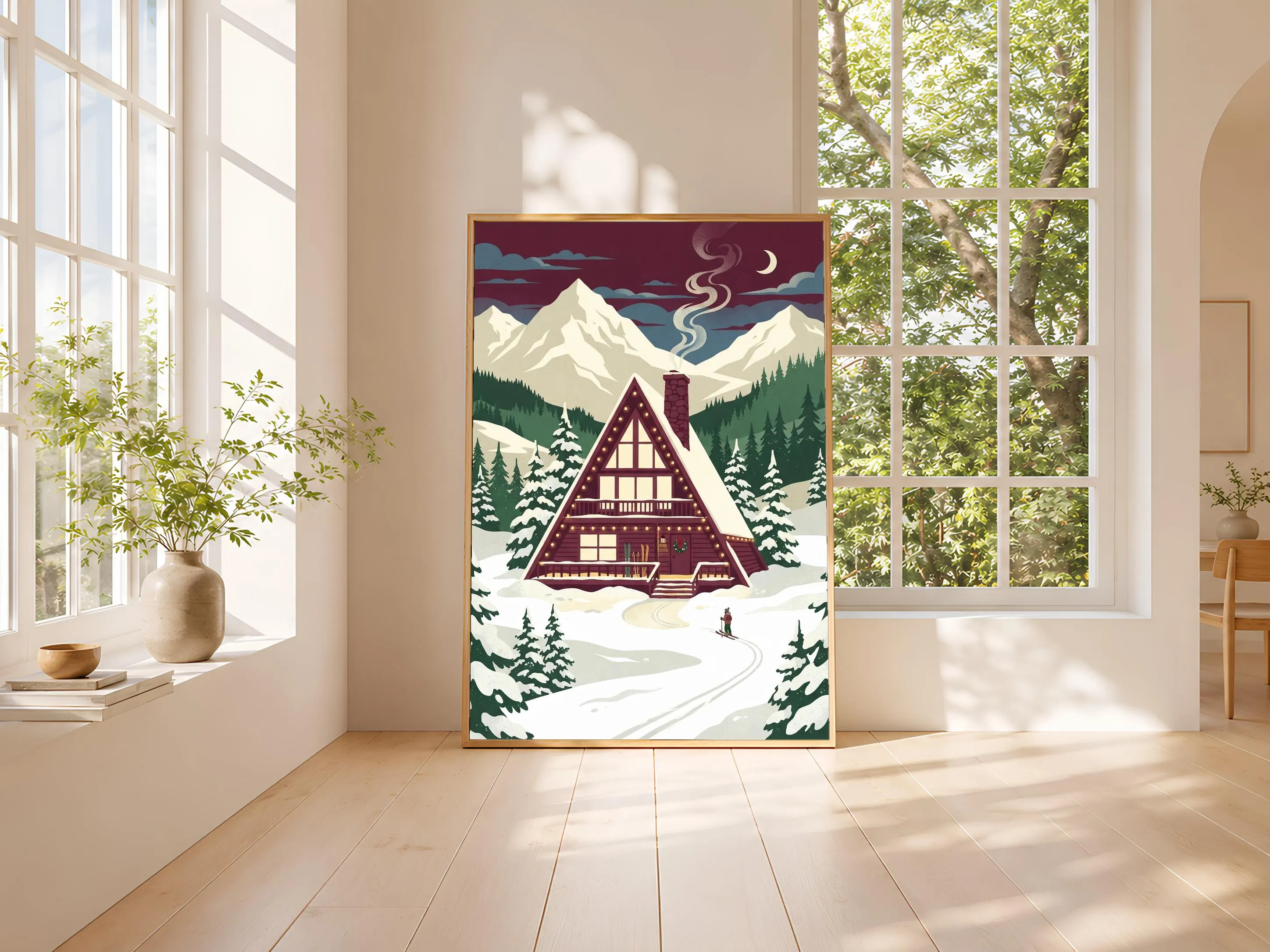 Ski Lodge Print, Alpine WPA Travel Poster, Burgundy Wall Art, Cabin Decor, Housewarming Gift – Calm Wall Art by Artsify thumbnail 3
